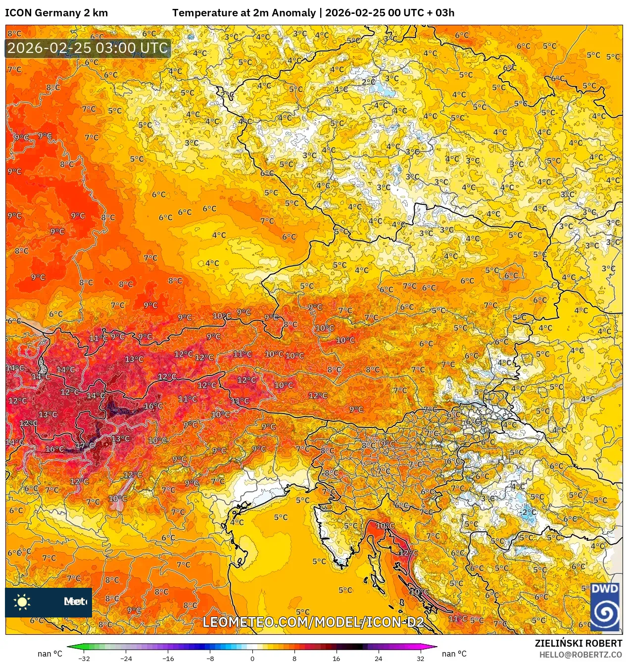 ICON Germany 2 km model - Austria, Temperature at 2m Anomaly