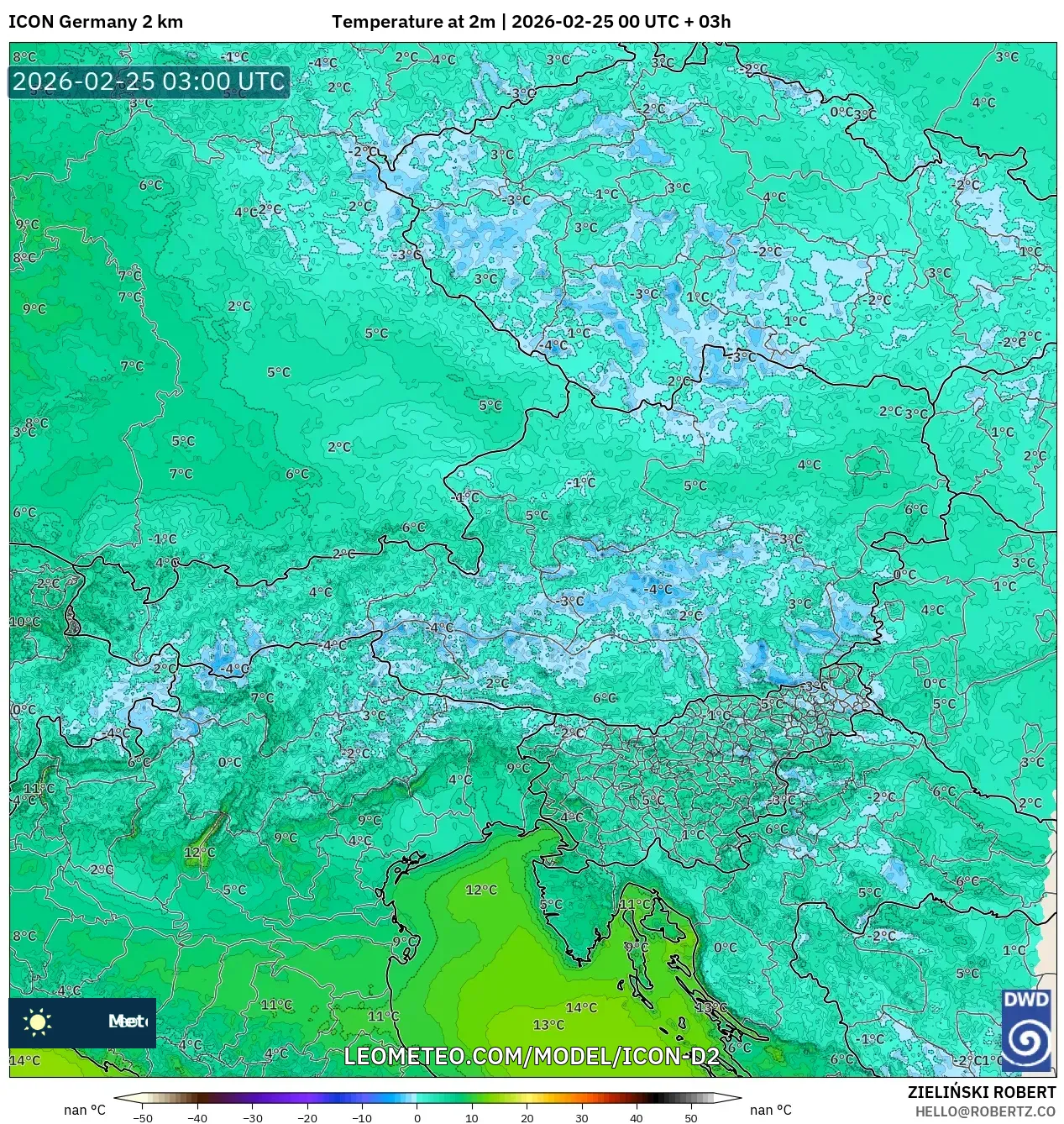 ICON Germany 2 km model - Austria, Temperature at 2m