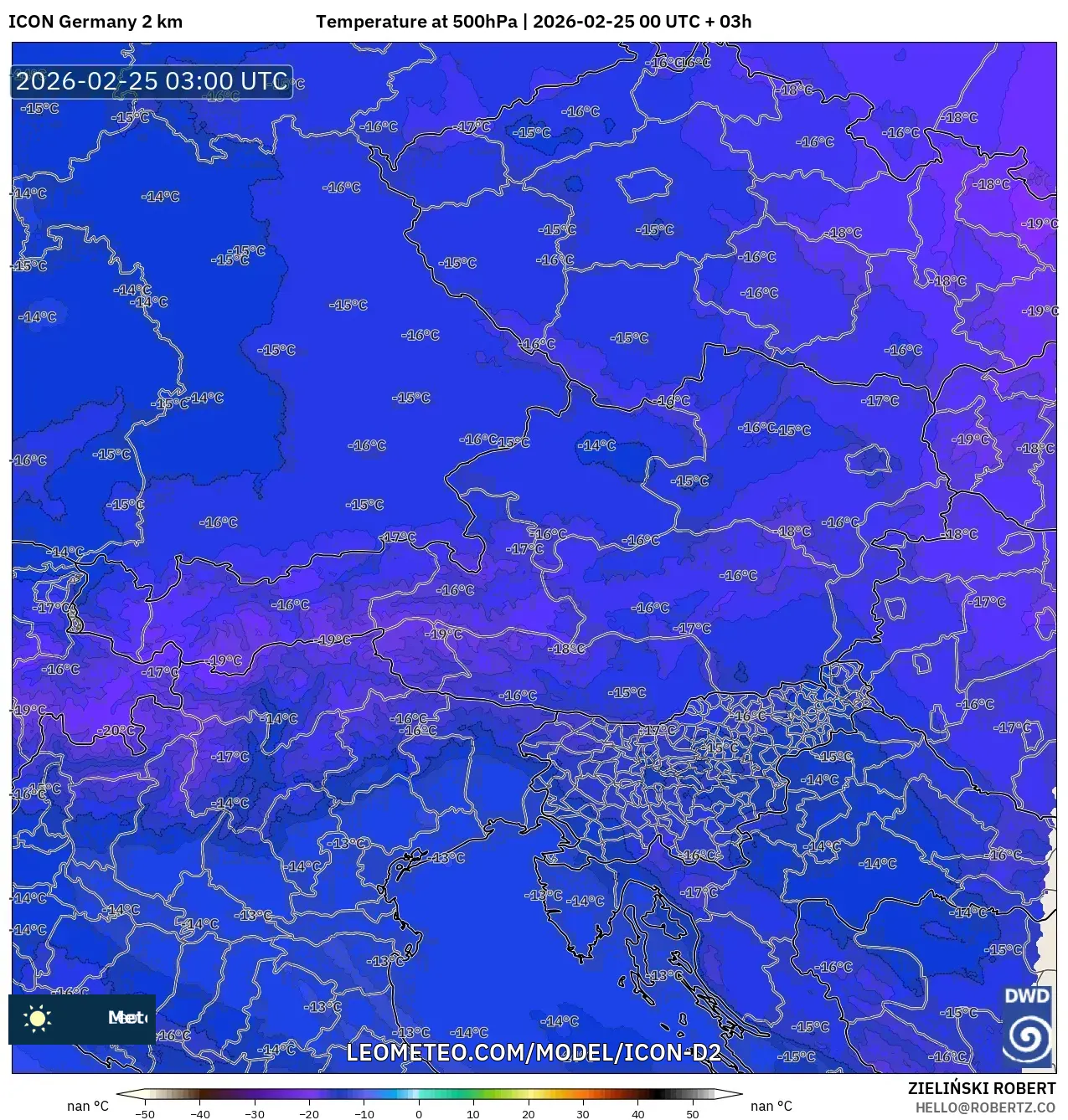 ICON Germany 2 km model - Austria, Temperature at 500hPa
