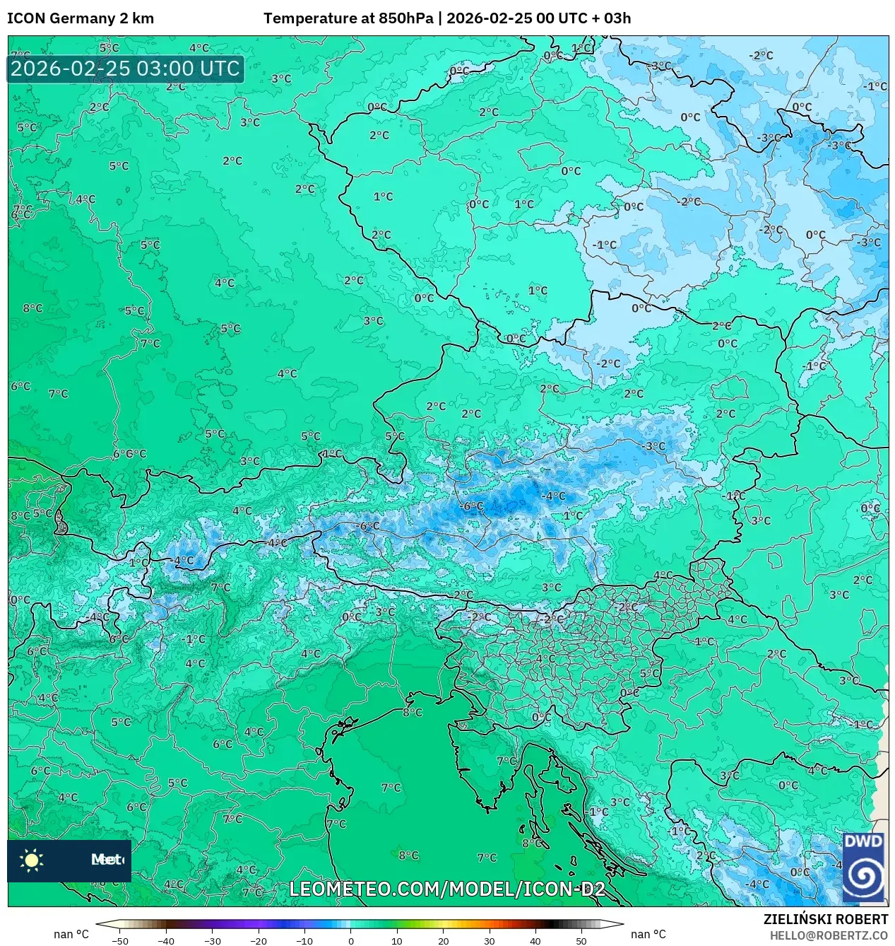 ICON Germany 2 km model - Austria, Temperature at 850hPa