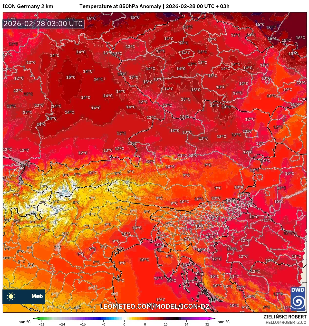 ICON Germany 2 km model - Austria, Temperature at 850hPa Anomaly