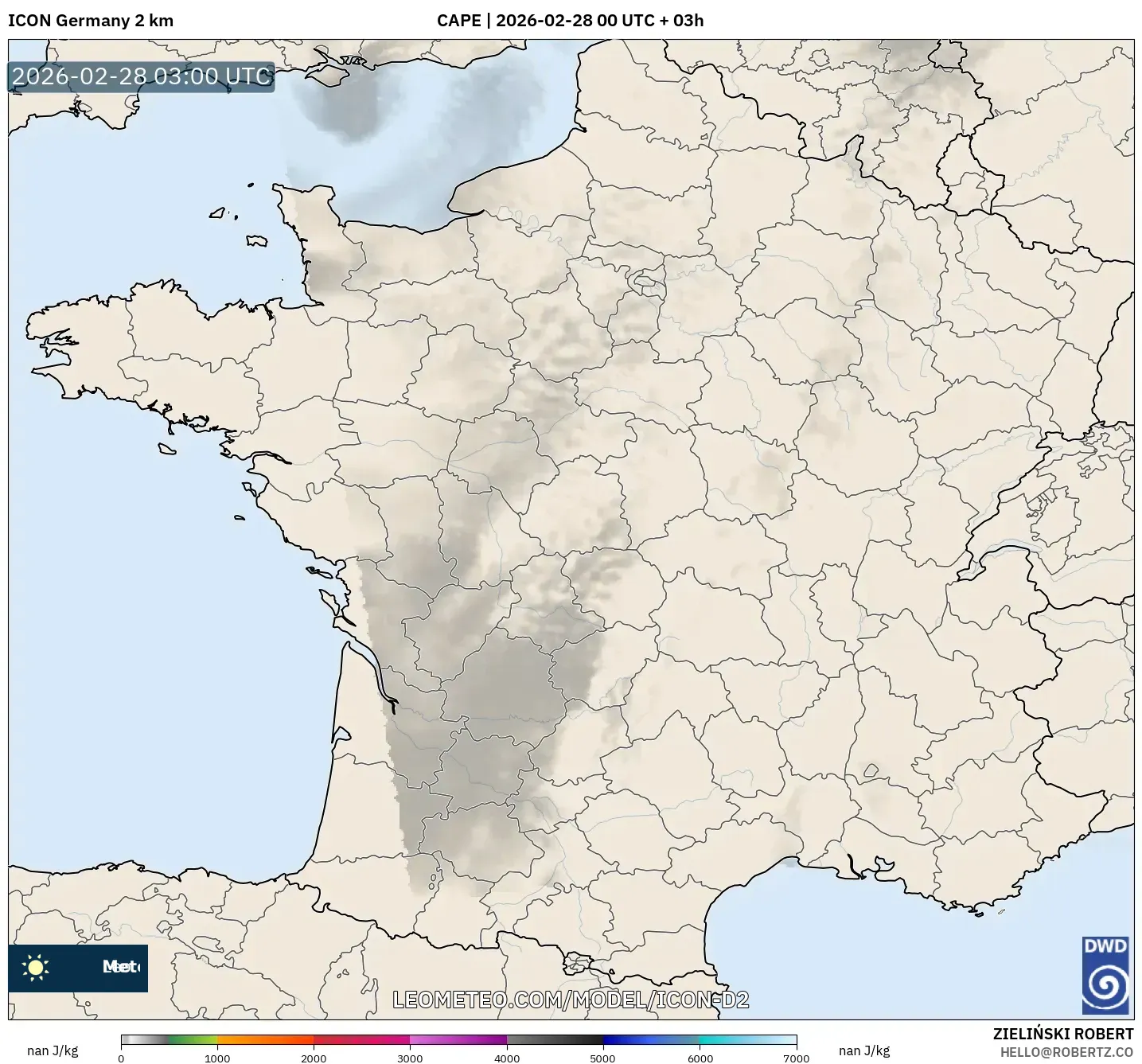 ICON Germany 2 km model - France, CAPE