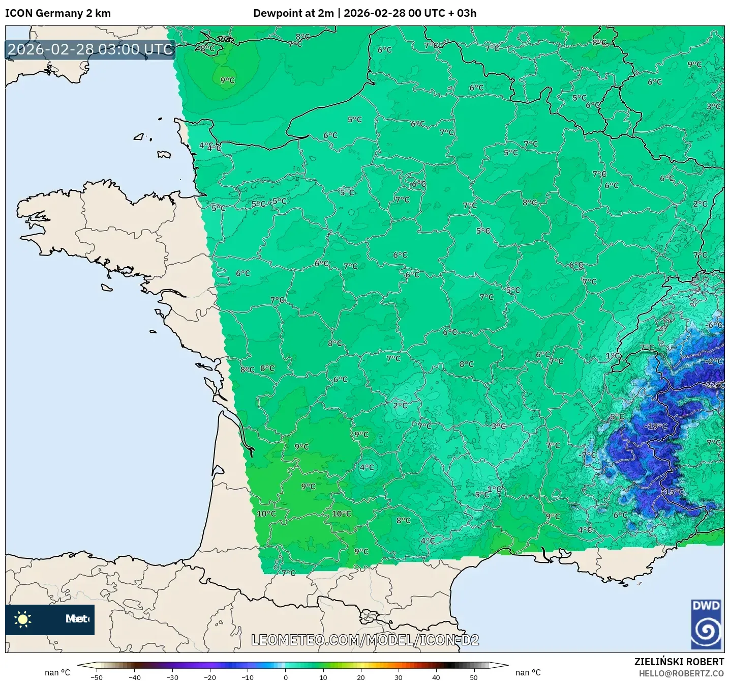 ICON Germany 2 km model - France, Dewpoint at 2m