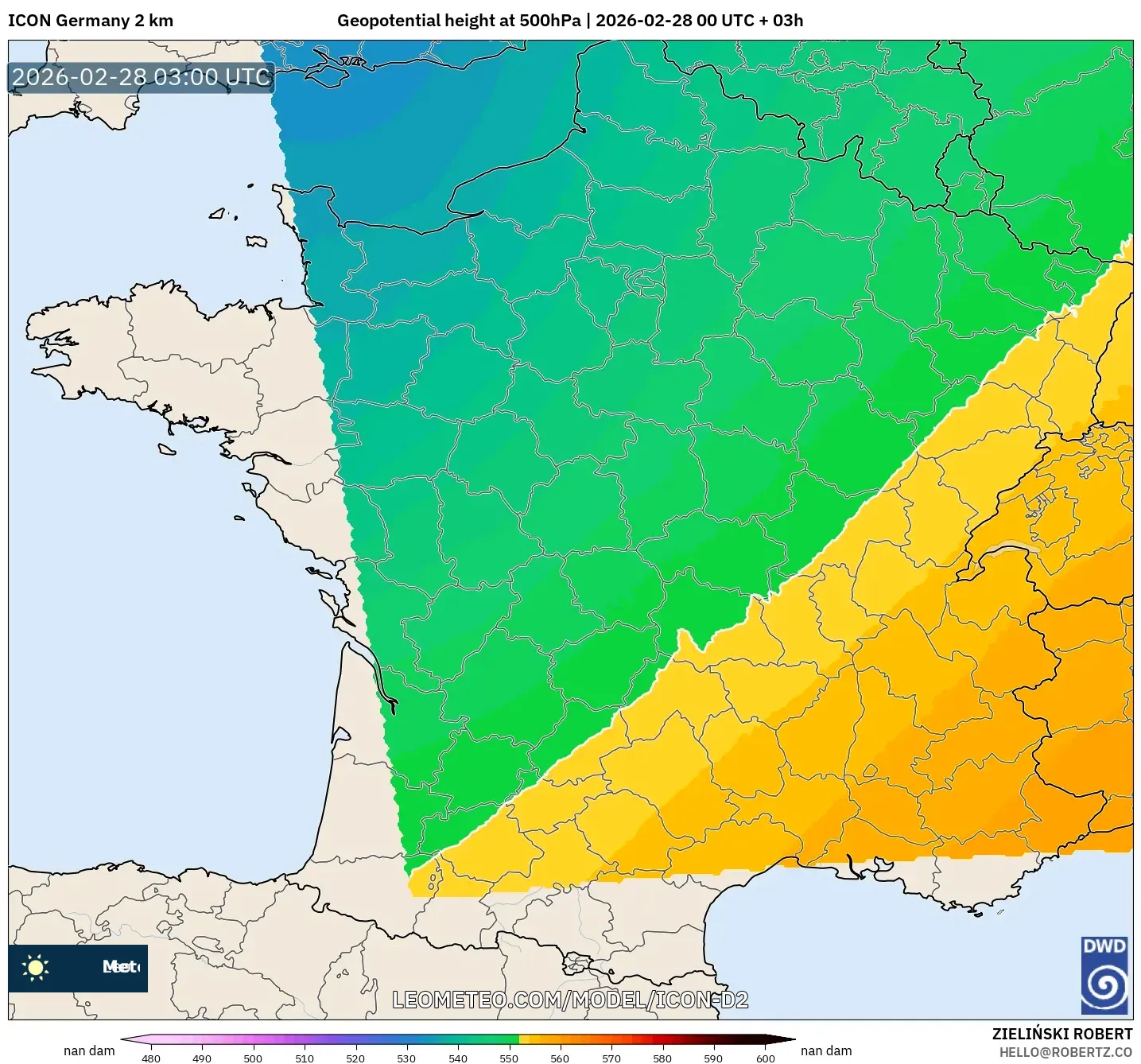 ICON Germany 2 km model - France, Geopotential height at 500hPa