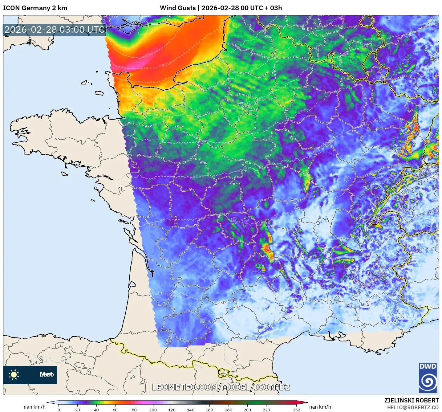 ICON Germany 2 km model - France, Wind Gusts