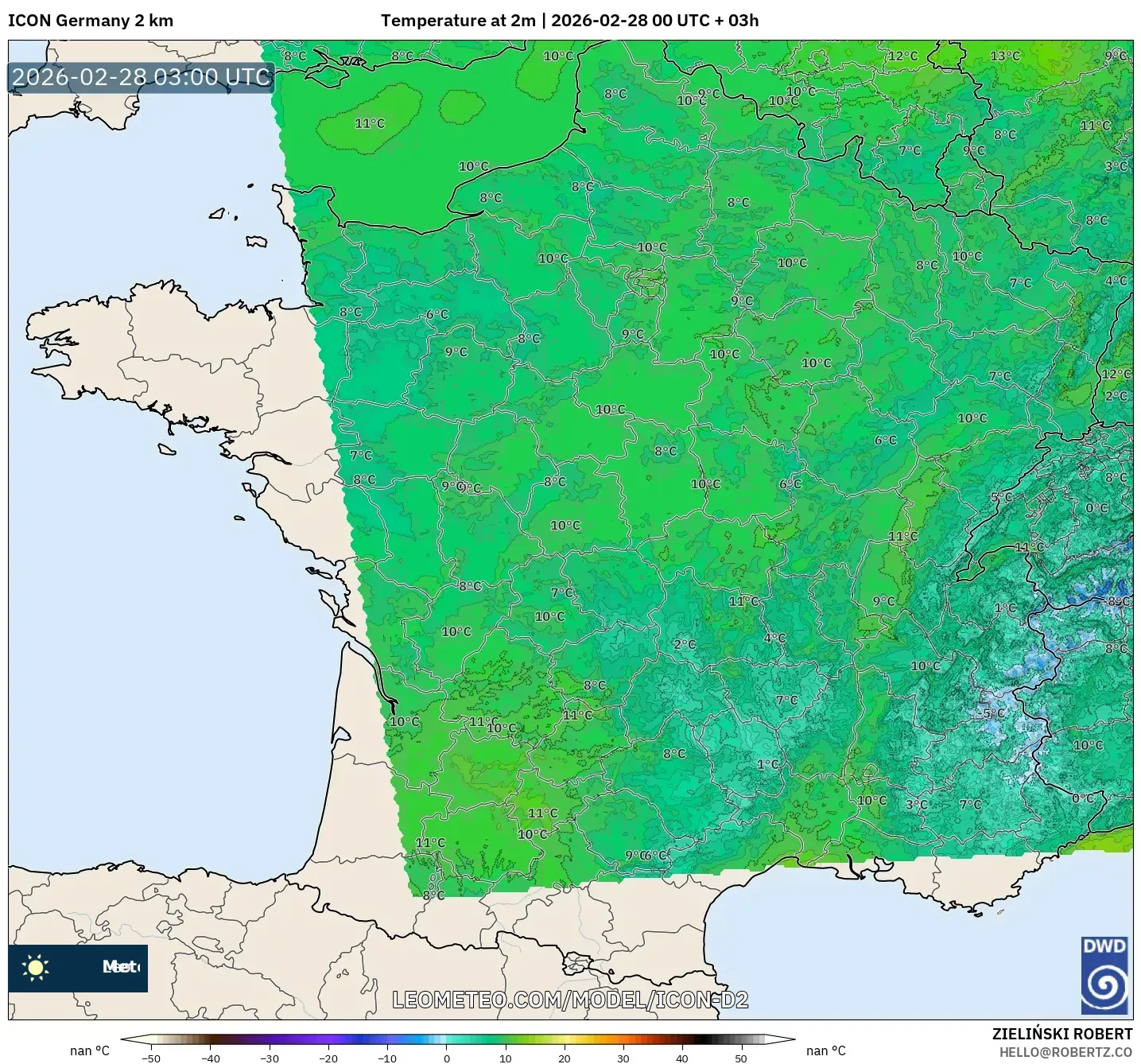 ICON Germany 2 km model - France, Temperature at 2m