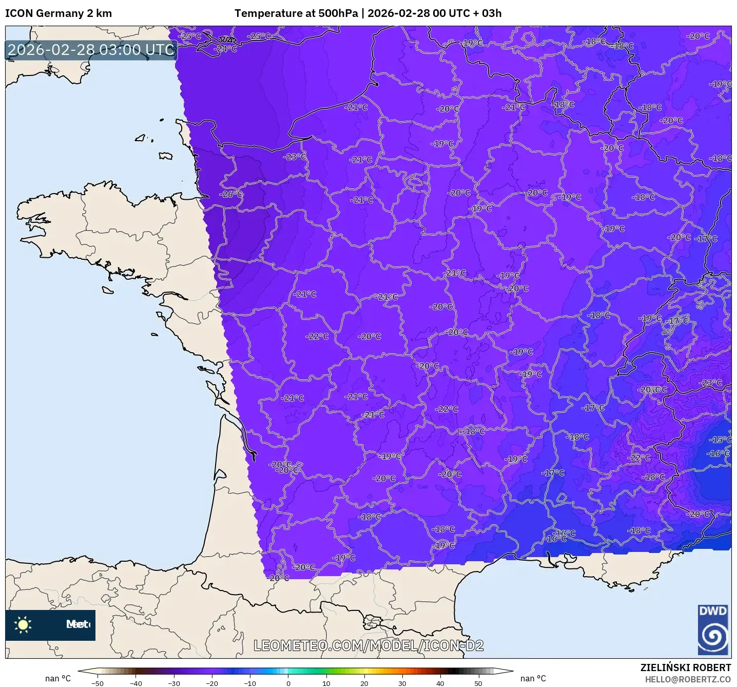 ICON Germany 2 km model - France, Temperature at 500hPa