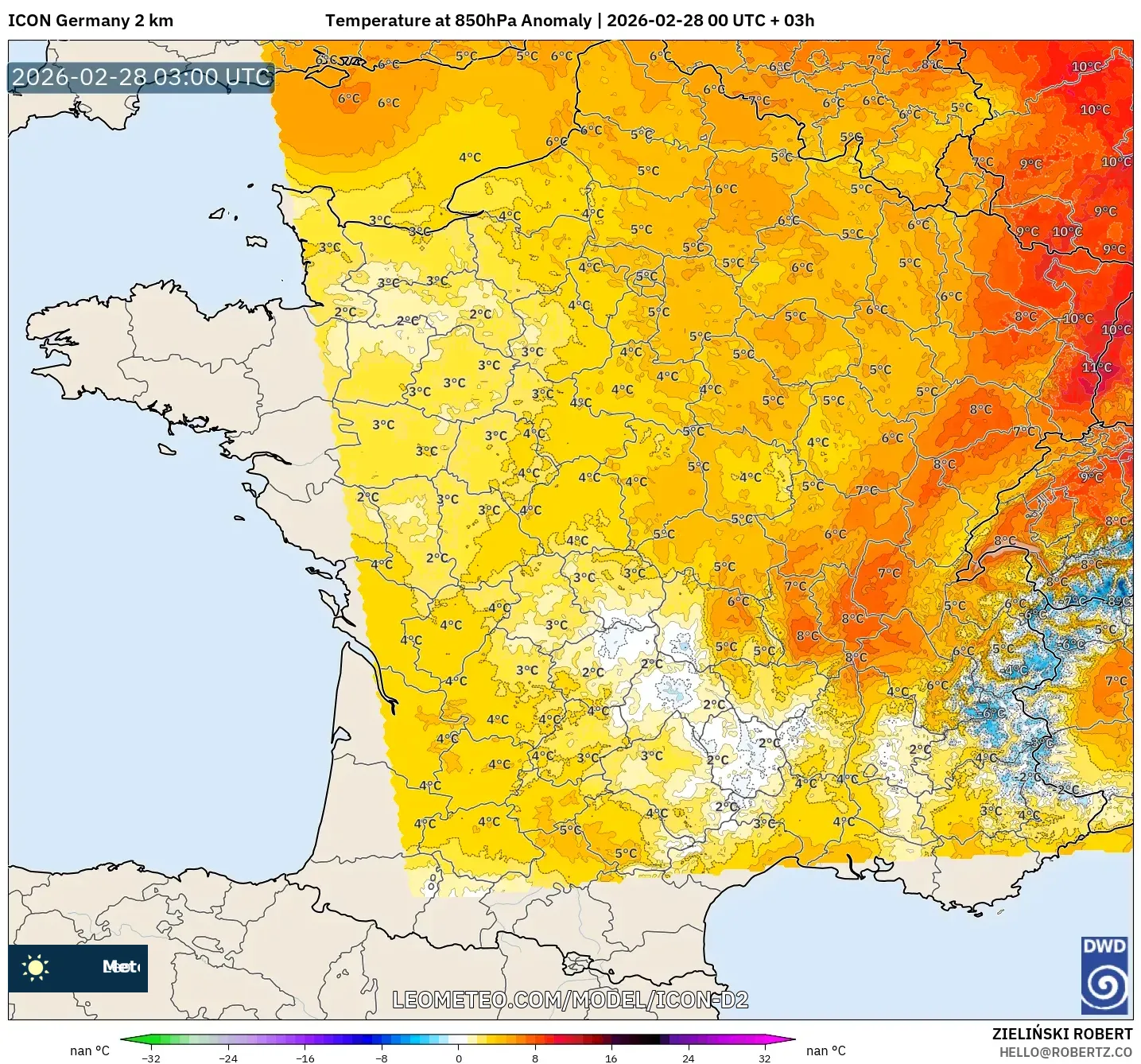 ICON Germany 2 km model - France, Temperature at 850hPa Anomaly