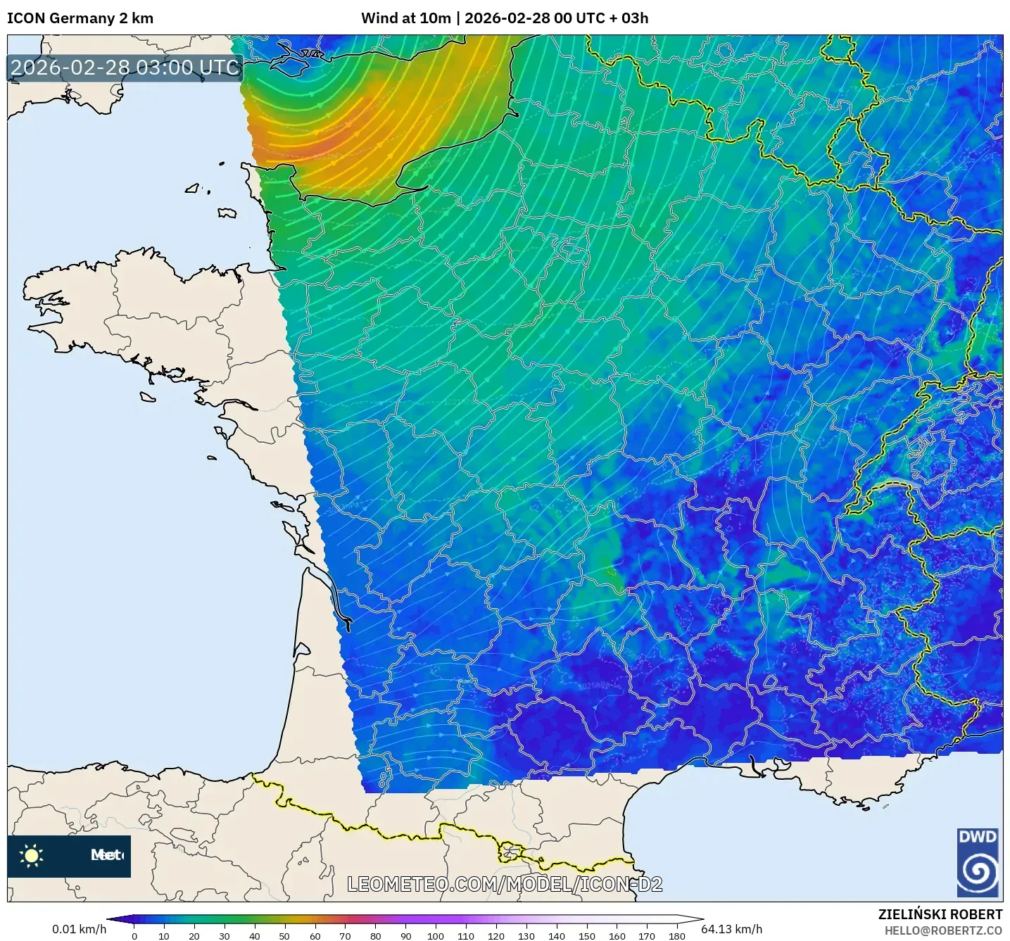 ICON Germany 2 km model - France, Wind at 10m