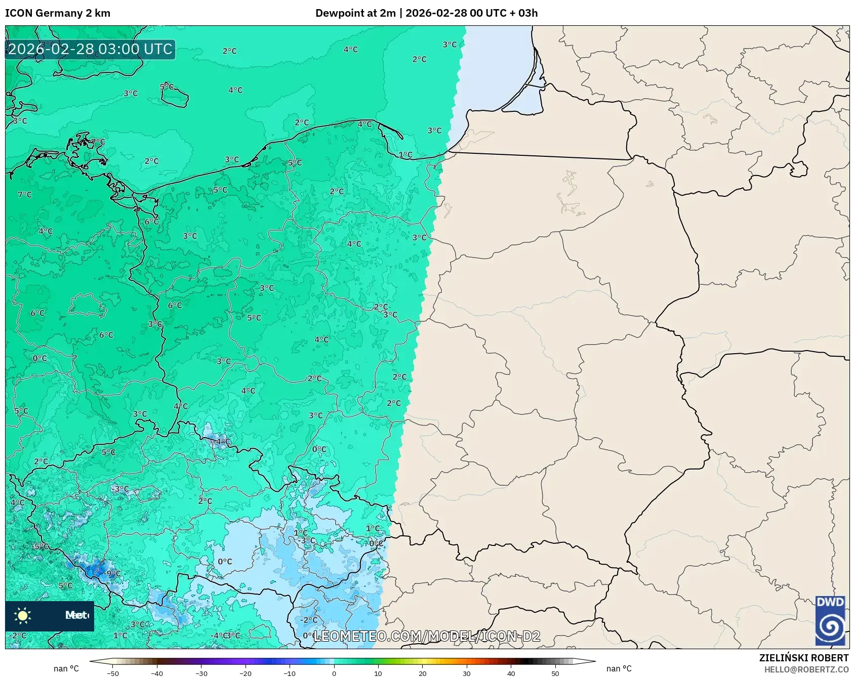 ICON Germany 2 km model - Poland, Dewpoint at 2m