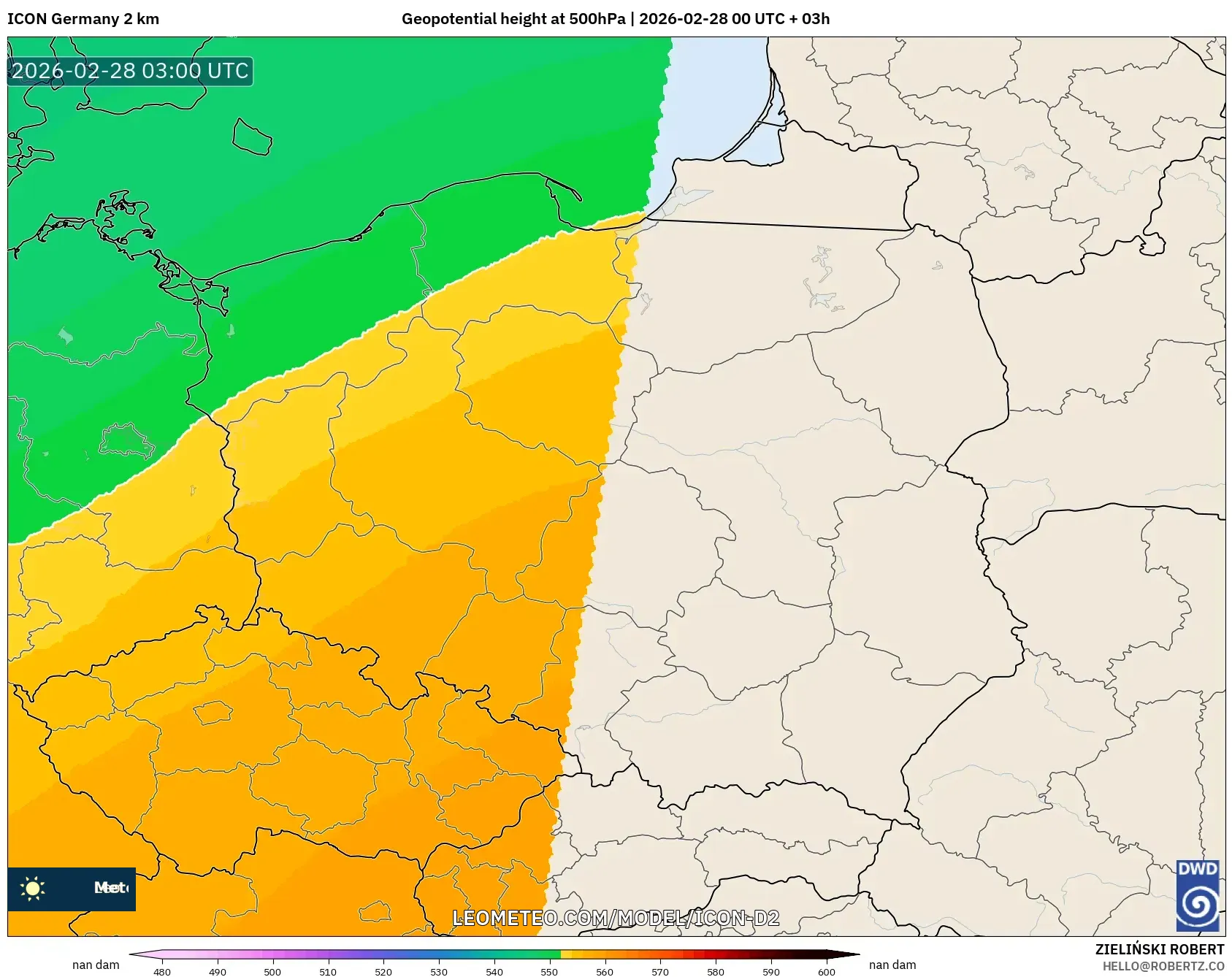 ICON Germany 2 km model - Poland, Geopotential height at 500hPa