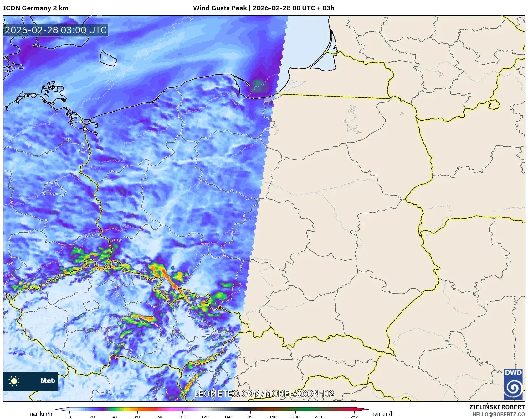 ICON Germany 2 km model - Poland, Wind Gusts Peak