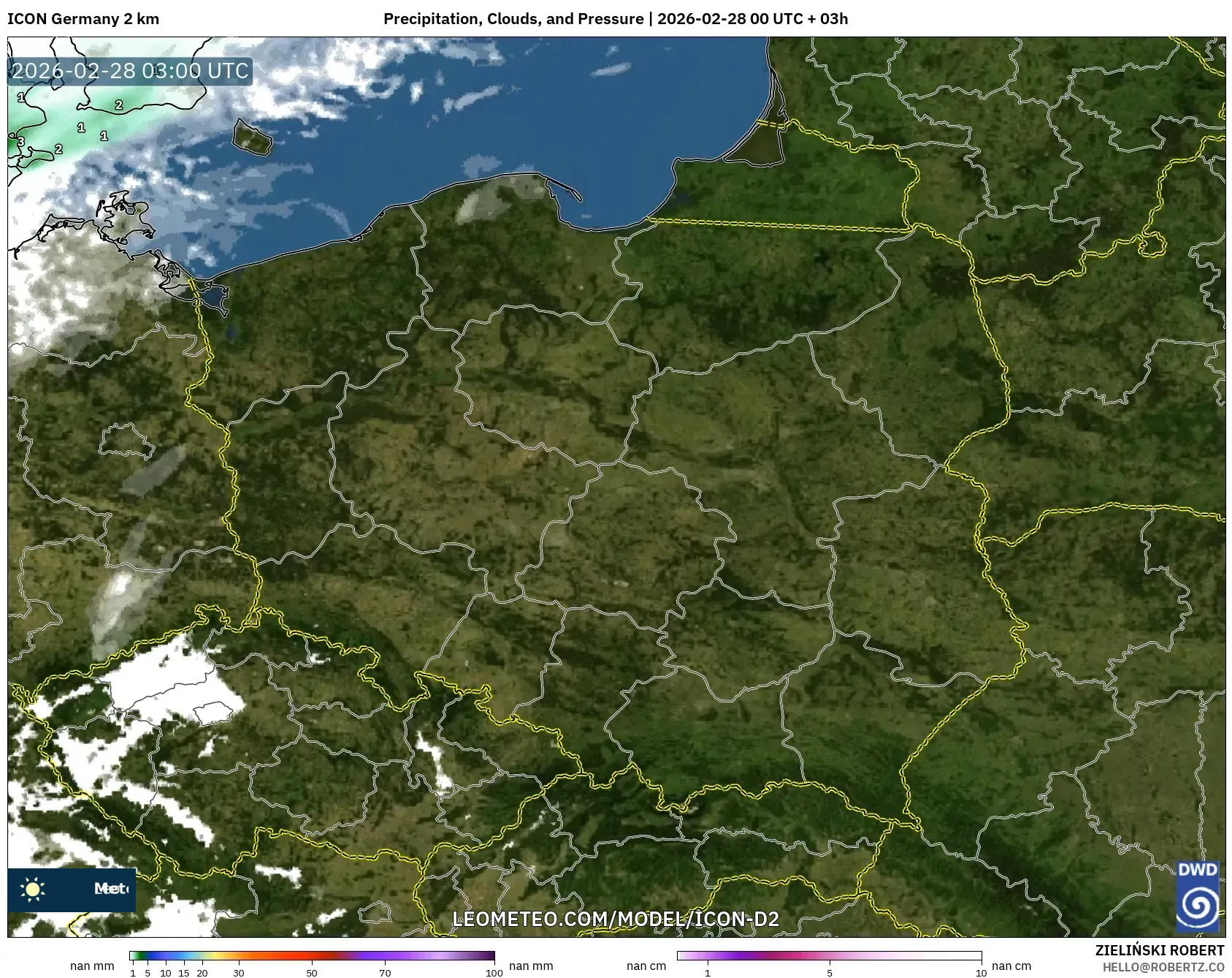 ICON Germany 2 km model - Poland, Precipitation, Clouds, and Pressure