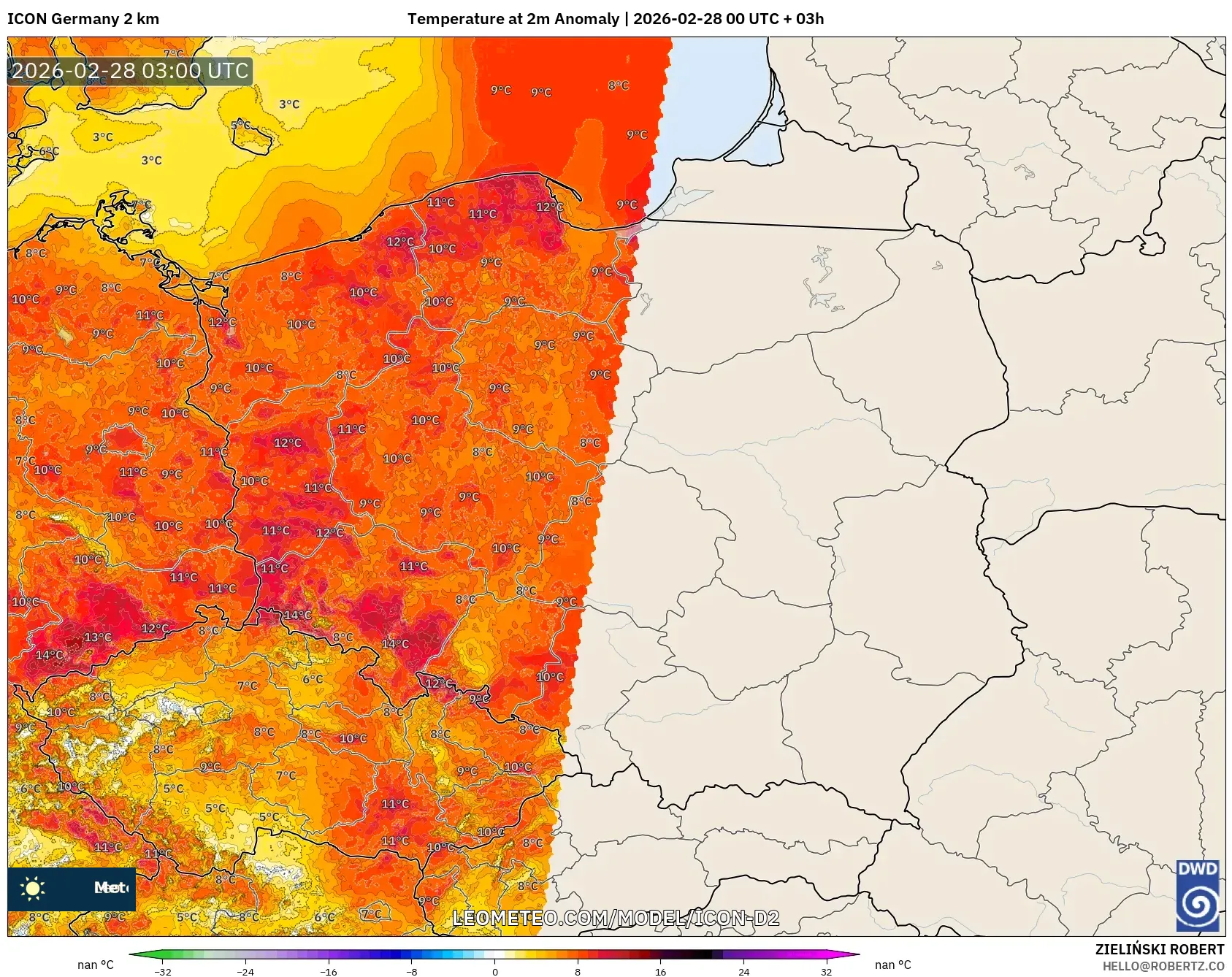 ICON Germany 2 km model - Poland, Temperature at 2m Anomaly
