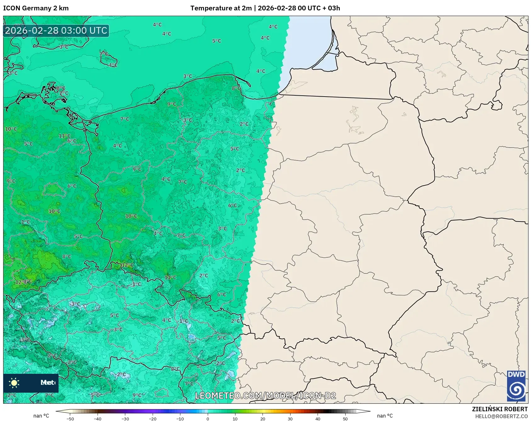 ICON Germany 2 km model - Poland, Temperature at 2m