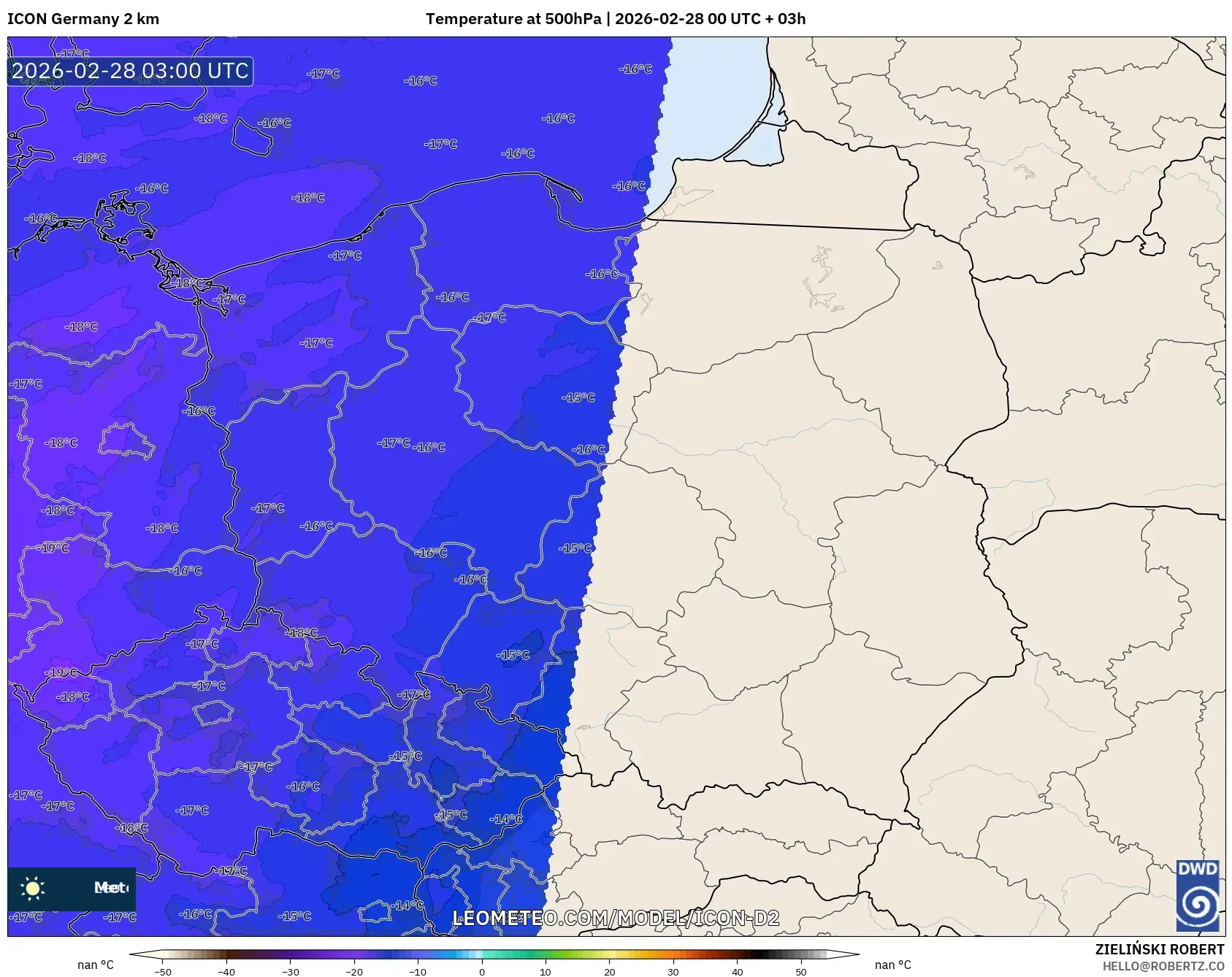 ICON Germany 2 km model - Poland, Temperature at 500hPa