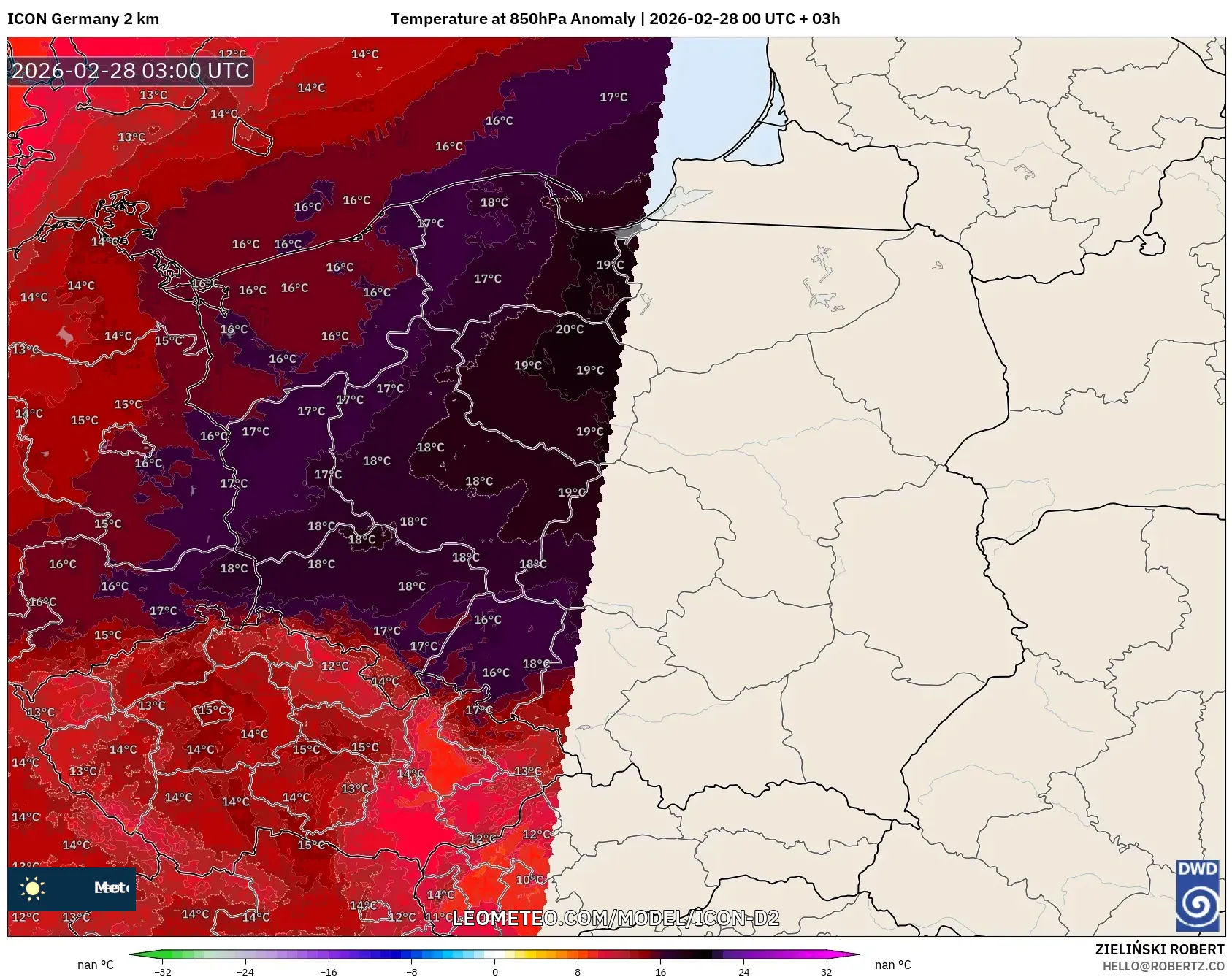 ICON Germany 2 km model - Poland, Temperature at 850hPa Anomaly