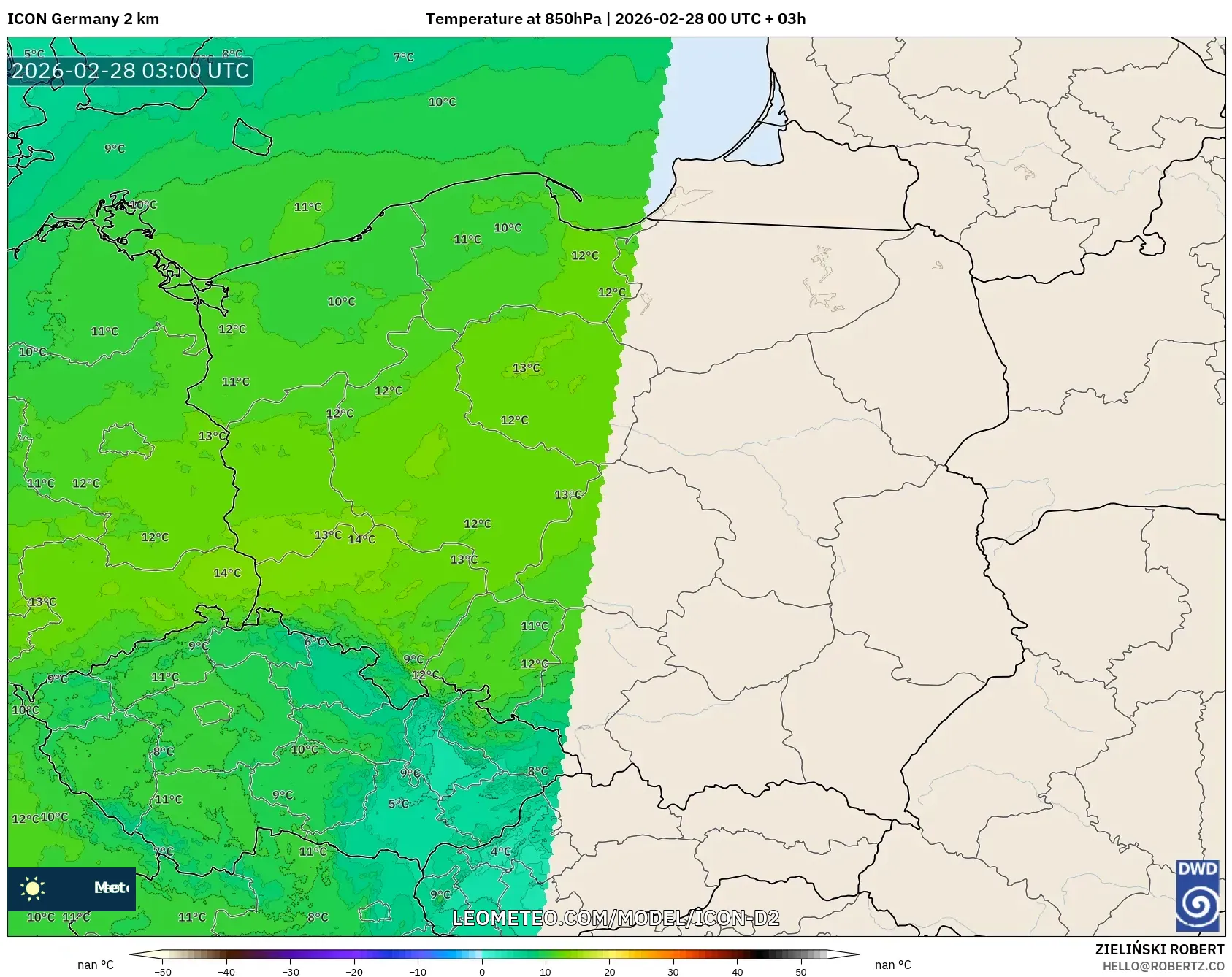 ICON Germany 2 km model - Poland, Temperature at 850hPa