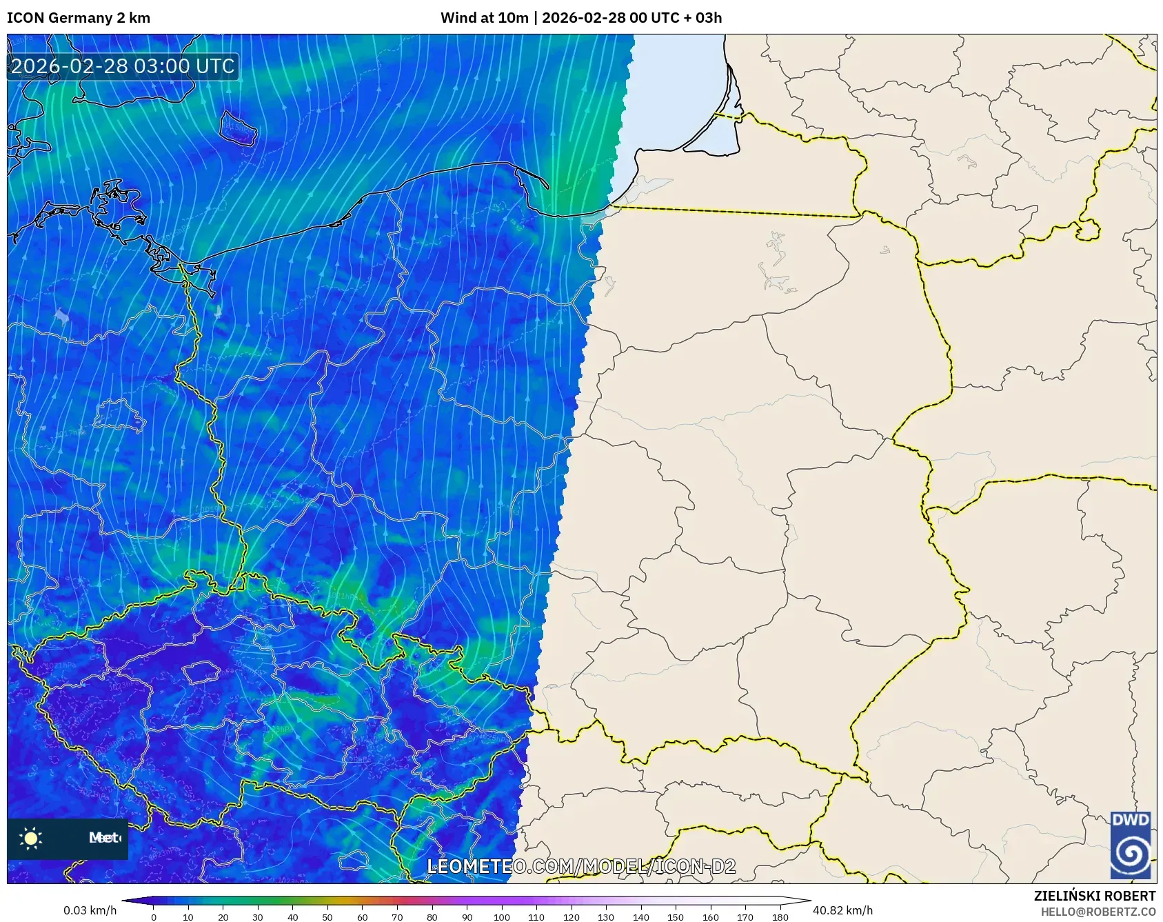 ICON Germany 2 km model - Poland, Wind at 10m