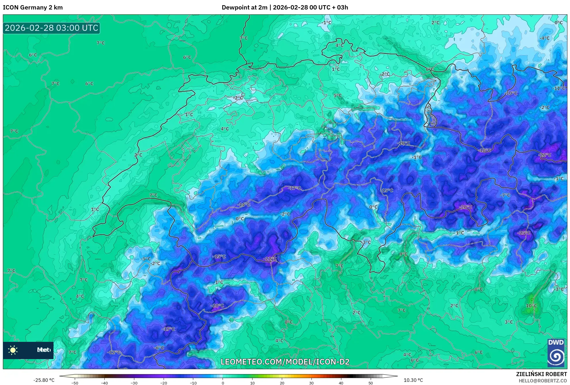 ICON Germany 2 km model - Switzerland, Dewpoint at 2m