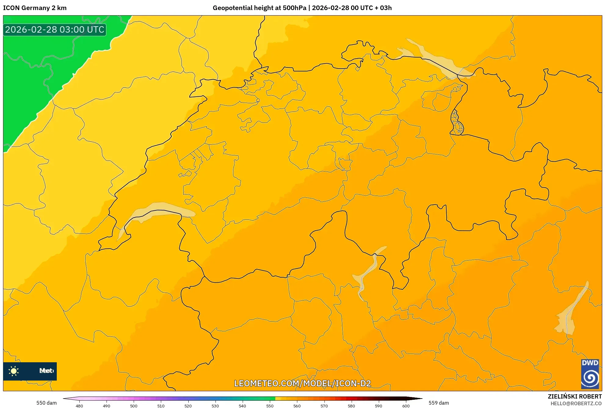 ICON Germany 2 km model - Switzerland, Geopotential height at 500hPa
