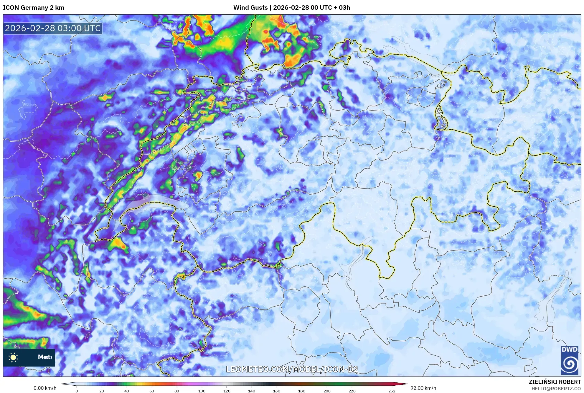 ICON Germany 2 km model - Switzerland, Wind Gusts