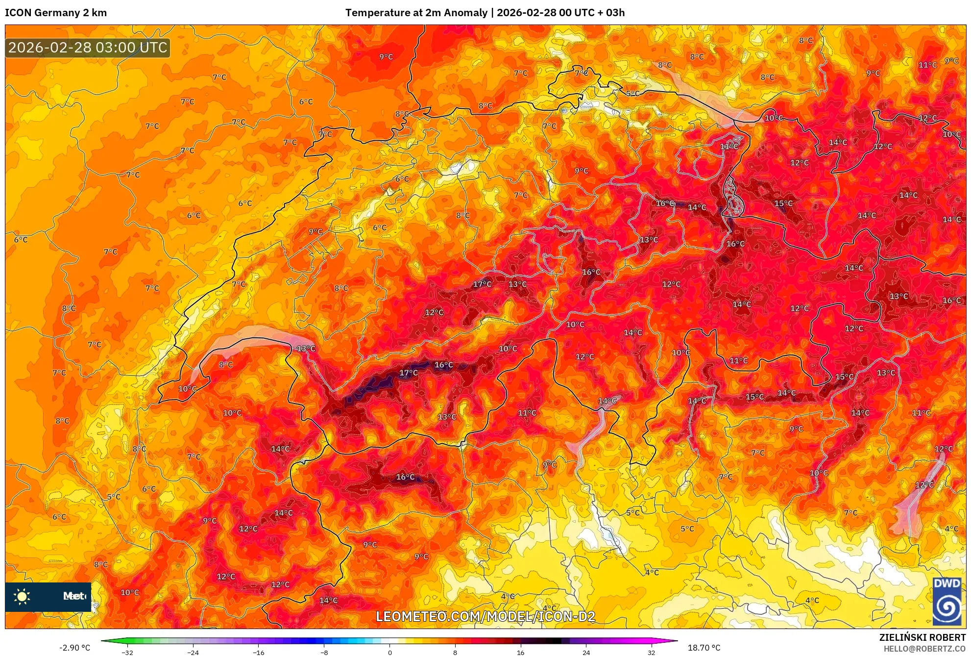 ICON Germany 2 km model - Switzerland, Temperature at 2m Anomaly