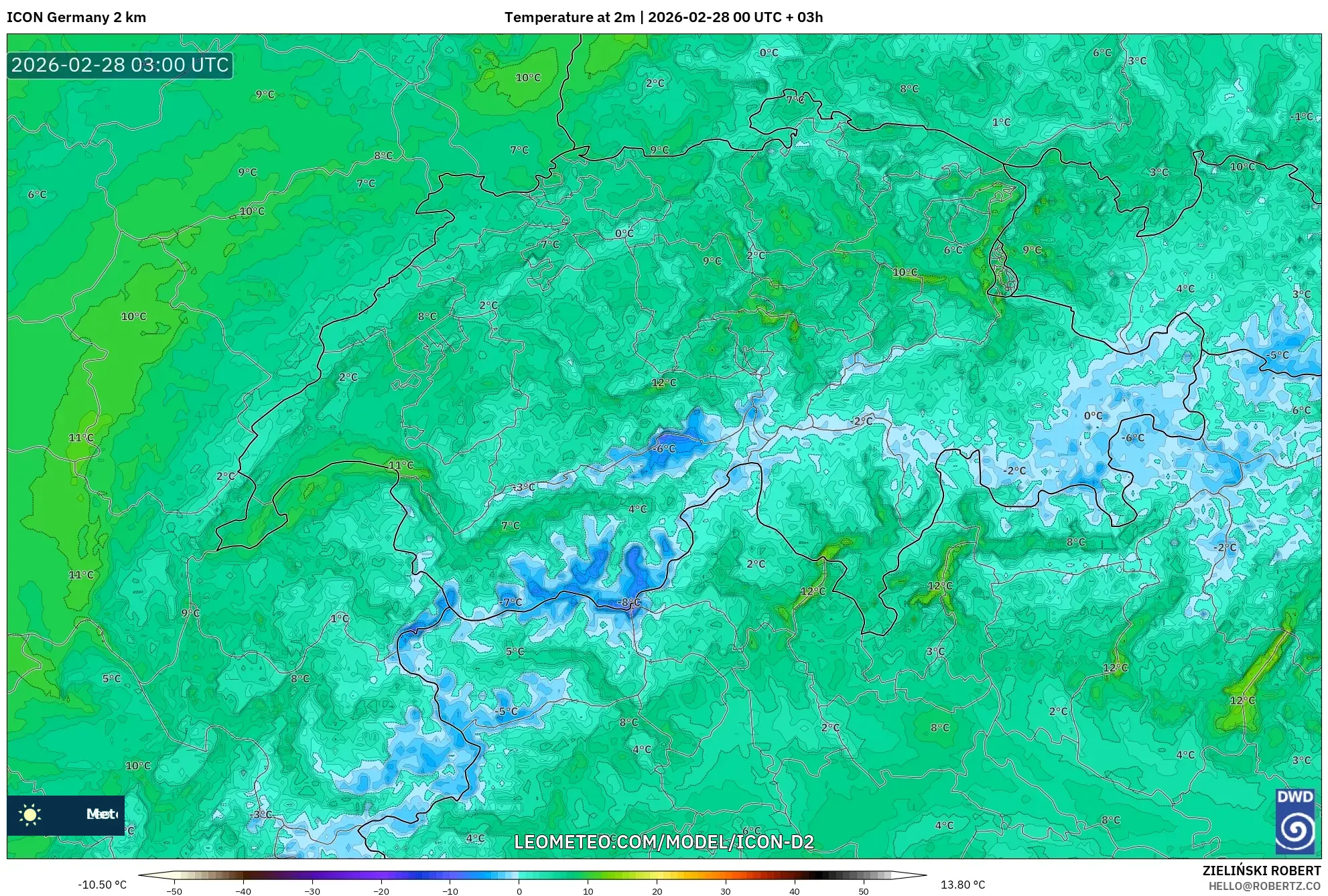ICON Germany 2 km model - Switzerland, Temperature at 2m