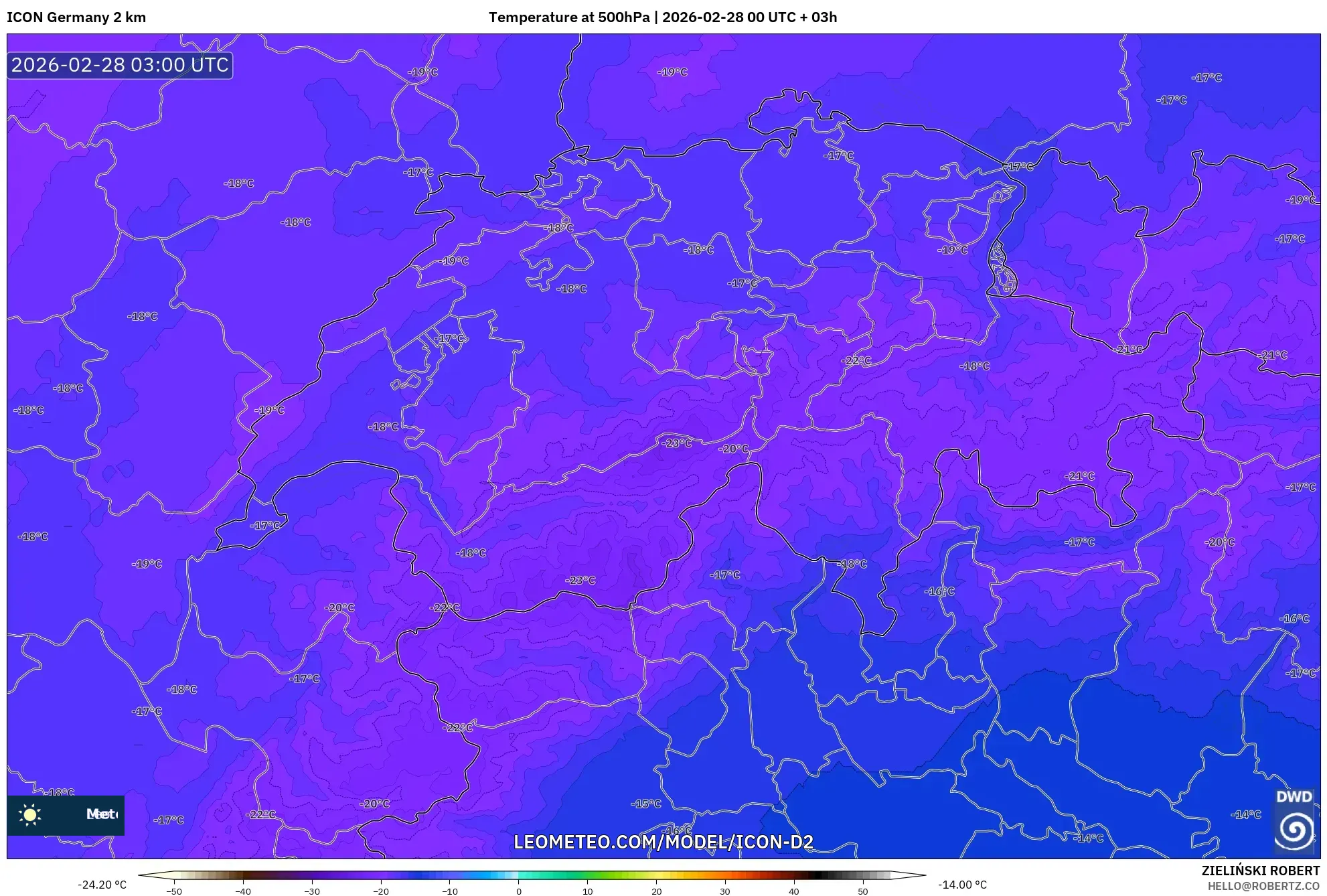 ICON Germany 2 km model - Switzerland, Temperature at 500hPa