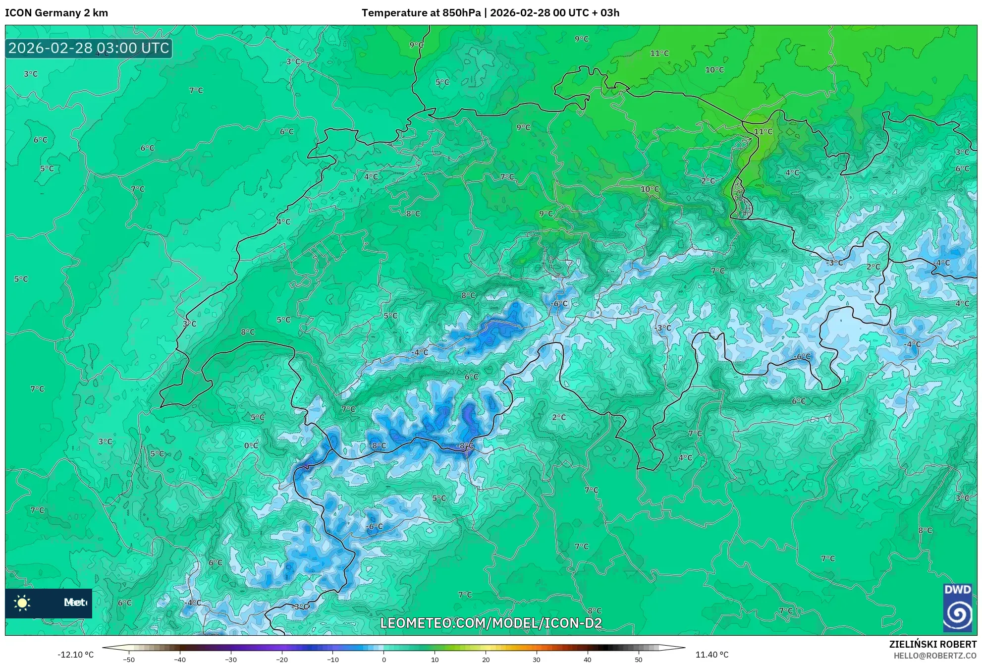 ICON Germany 2 km model - Switzerland, Temperature at 850hPa