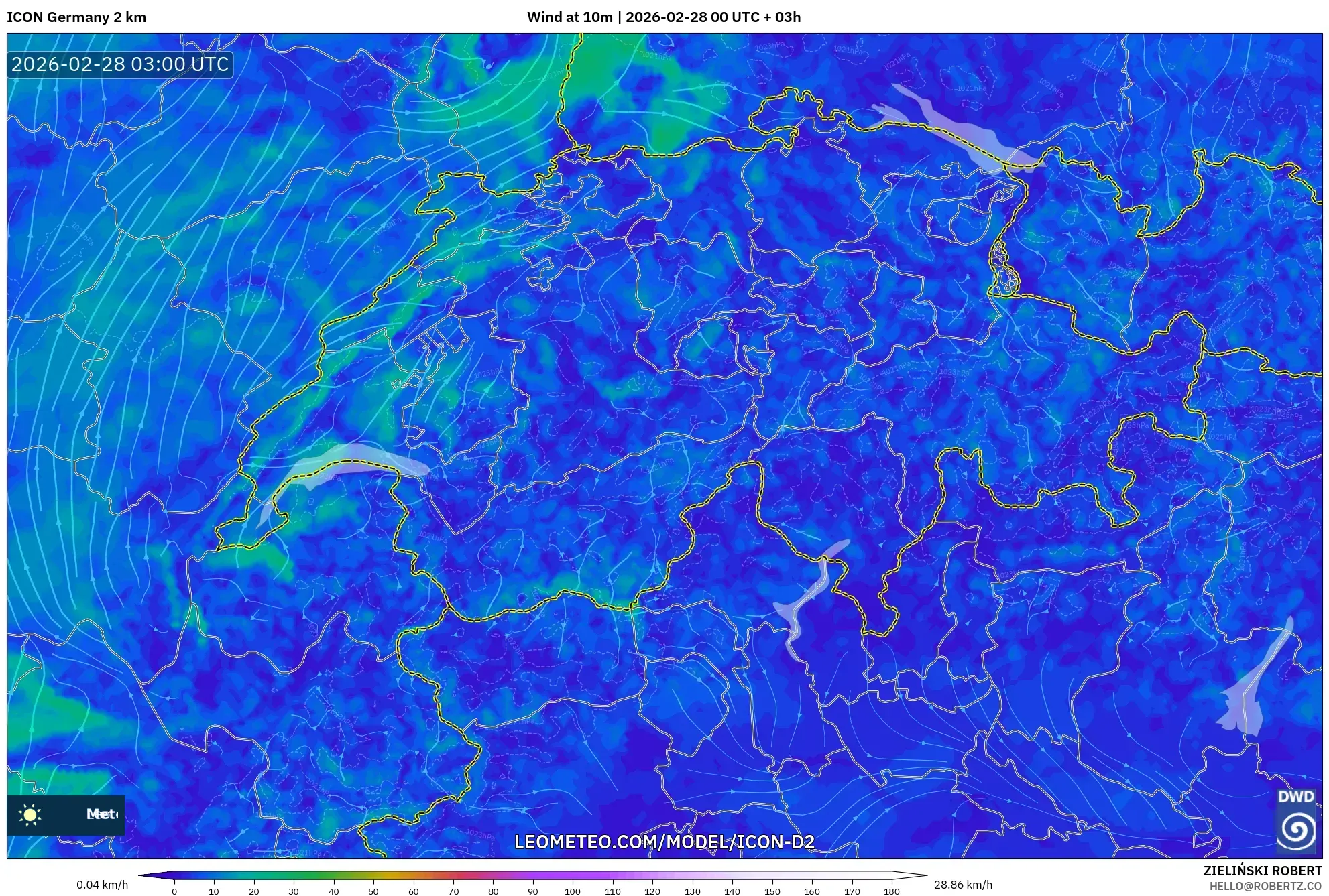 ICON Germany 2 km model - Switzerland, Wind at 10m