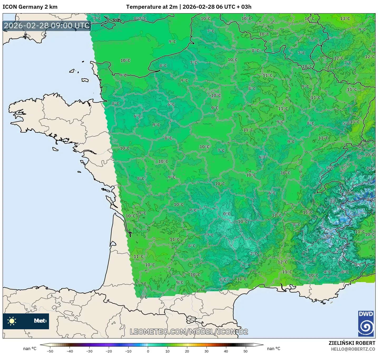 ICON Germany 2 km model - France, Temperature at 2m