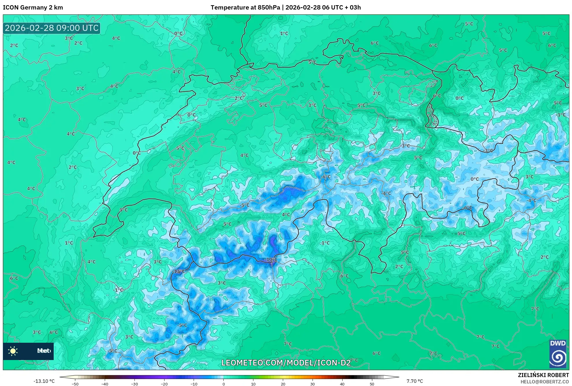 ICON Germany 2 km model - Switzerland, Temperature at 850hPa
