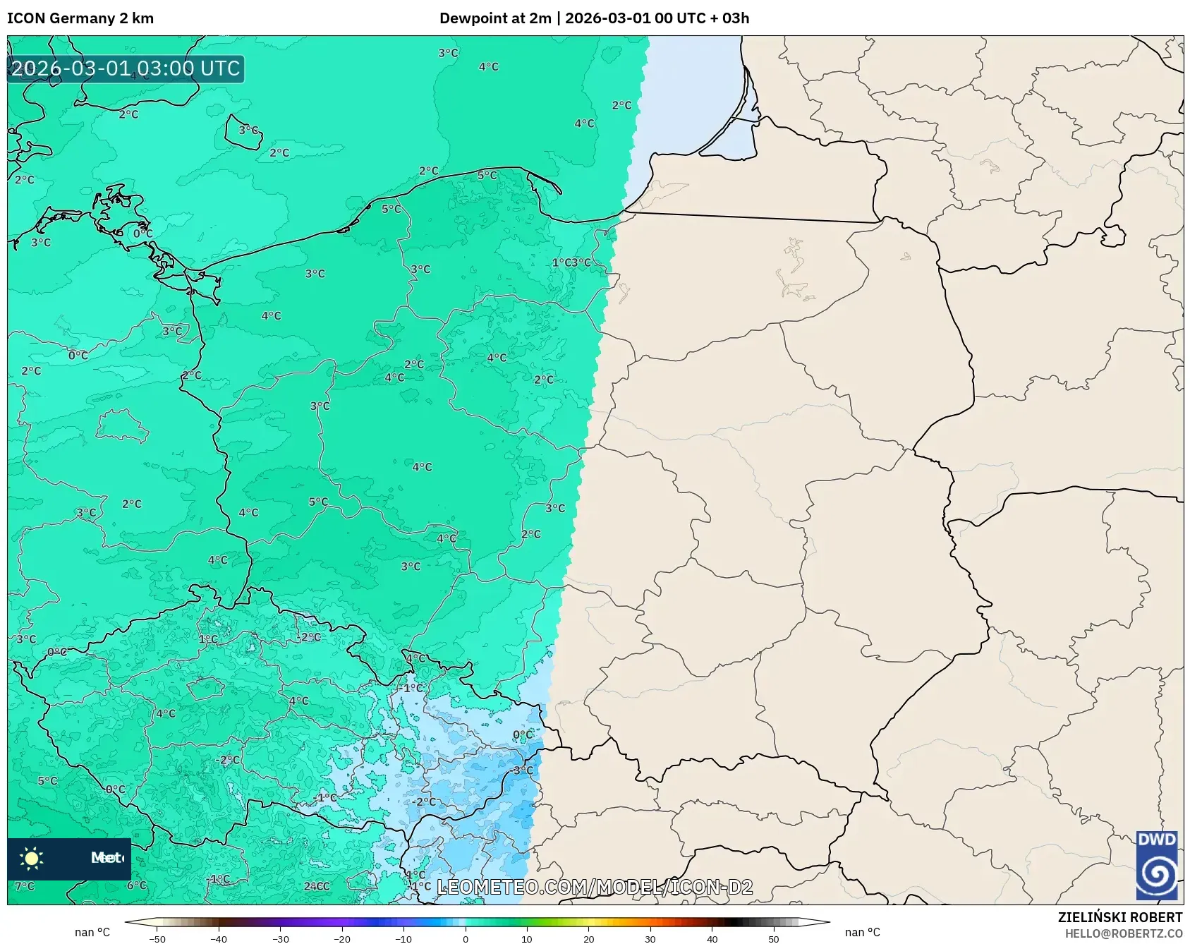 ICON Germany 2 km model - Poland, Dewpoint at 2m
