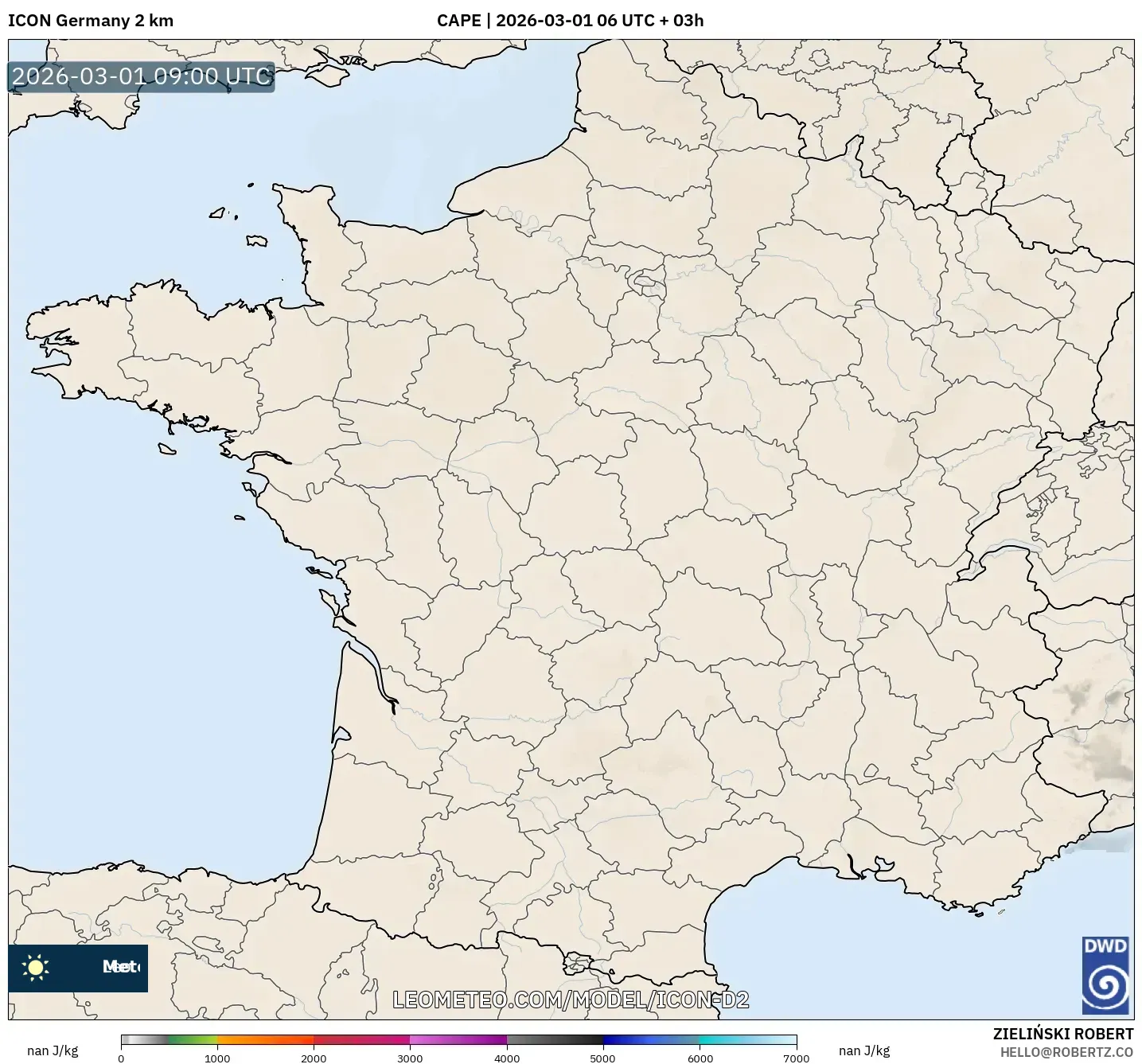 ICON Germany 2 km model - France, CAPE