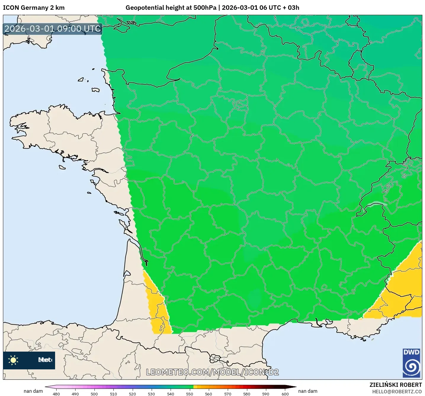 ICON Germany 2 km model - France, Geopotential height at 500hPa