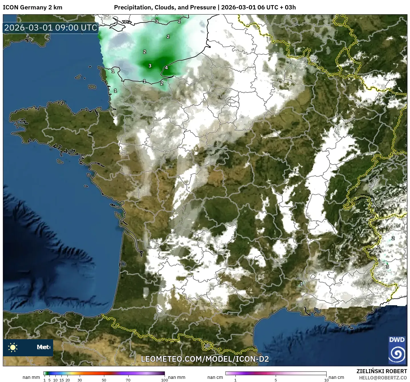 ICON Germany 2 km model - France, Precipitation, Clouds, and Pressure