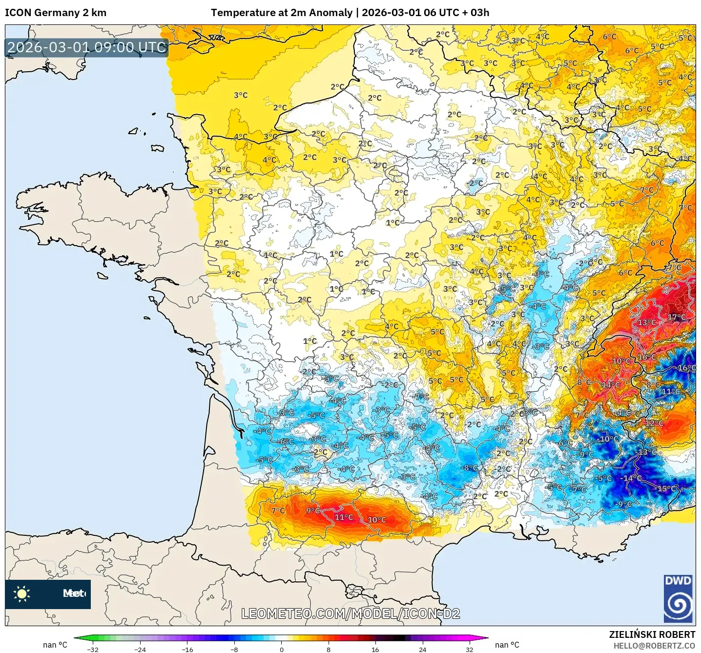 ICON Germany 2 km model - France, Temperature at 2m Anomaly