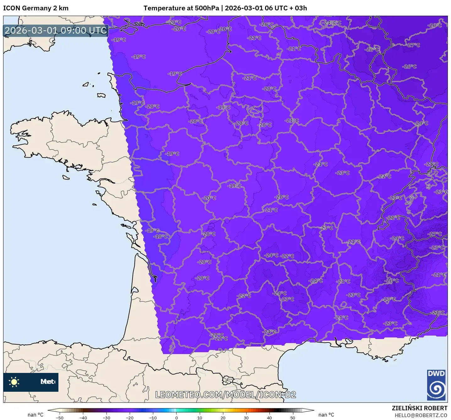ICON Germany 2 km model - France, Temperature at 500hPa