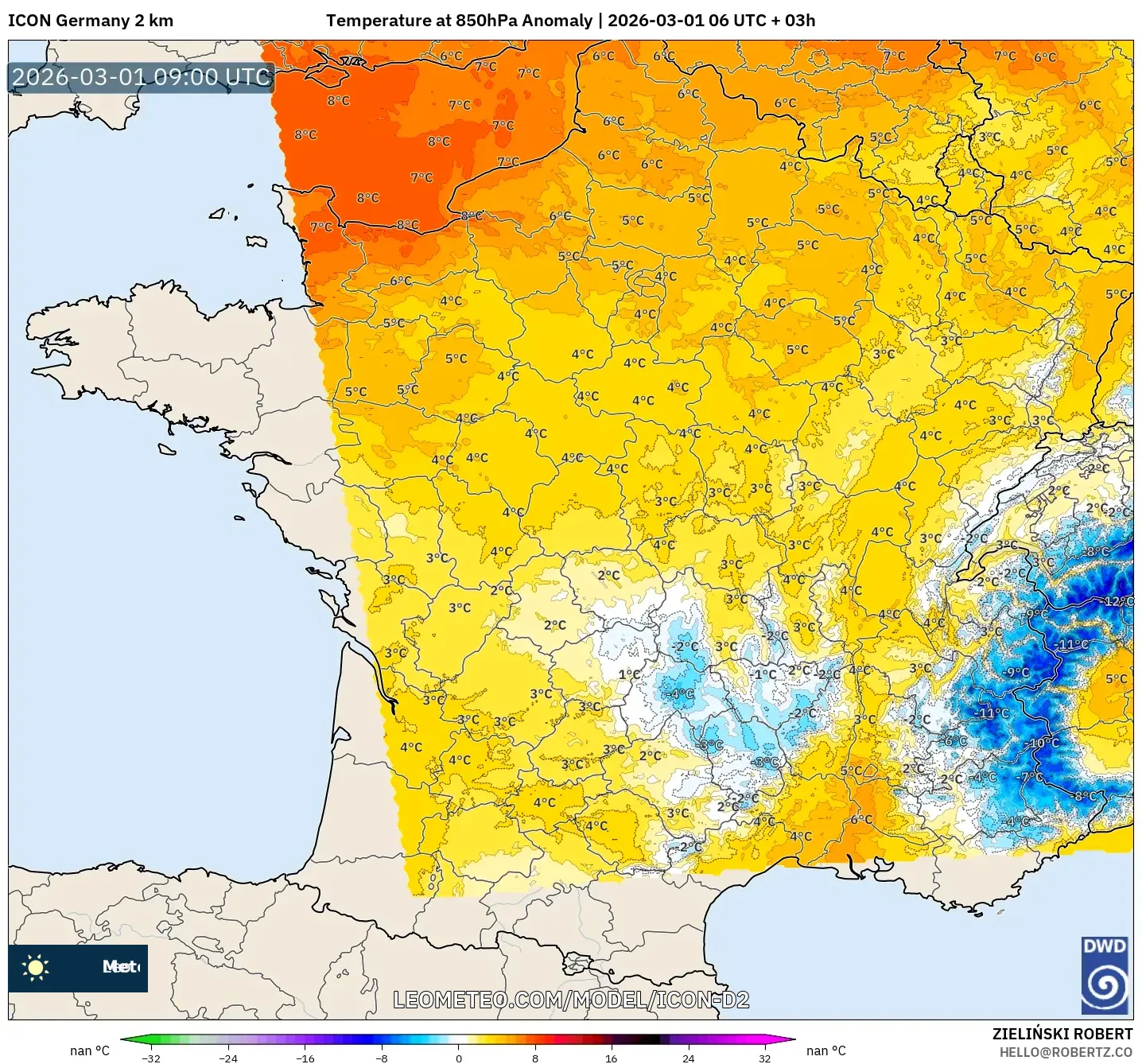 ICON Germany 2 km model - France, Temperature at 850hPa Anomaly