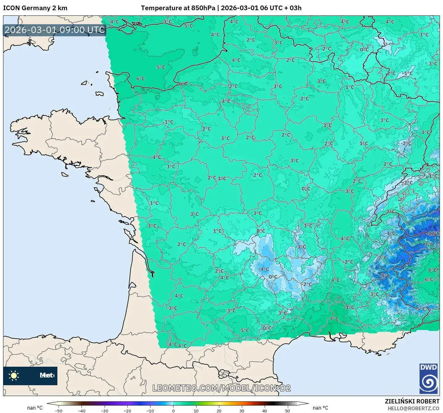 ICON Germany 2 km model - France, Temperature at 850hPa