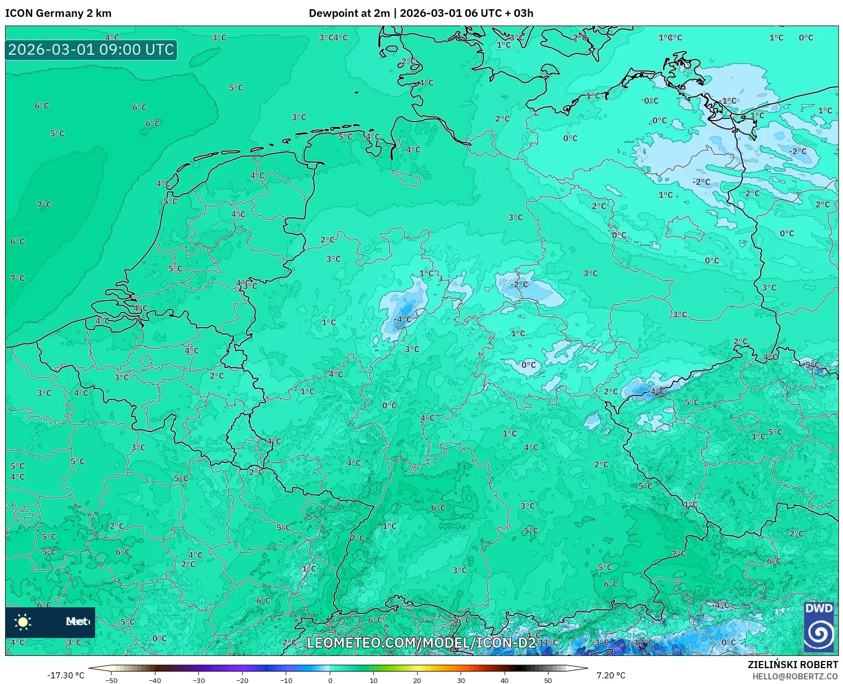 ICON Germany 2 km model - Germany, Dewpoint at 2m