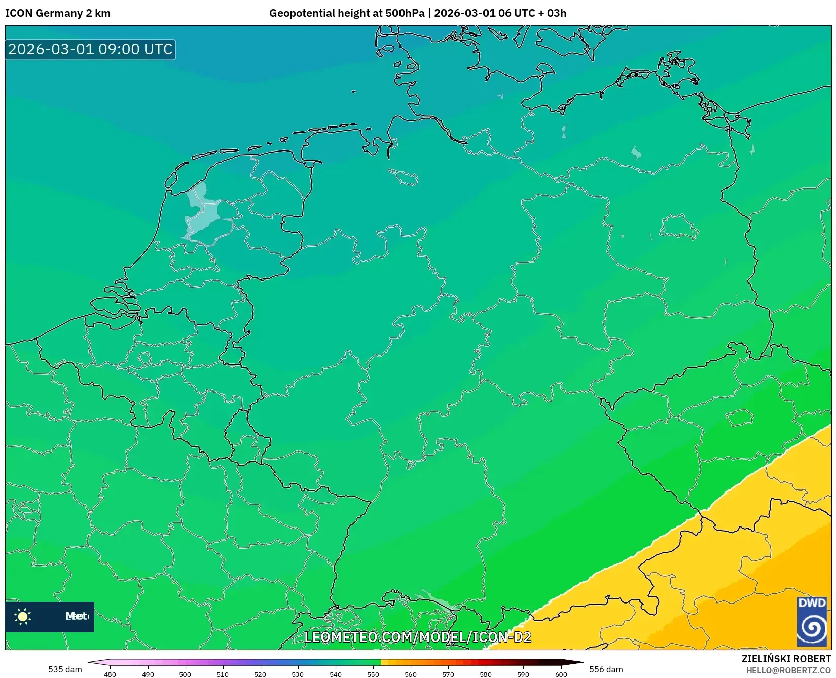 ICON Germany 2 km model - Germany, Geopotential height at 500hPa