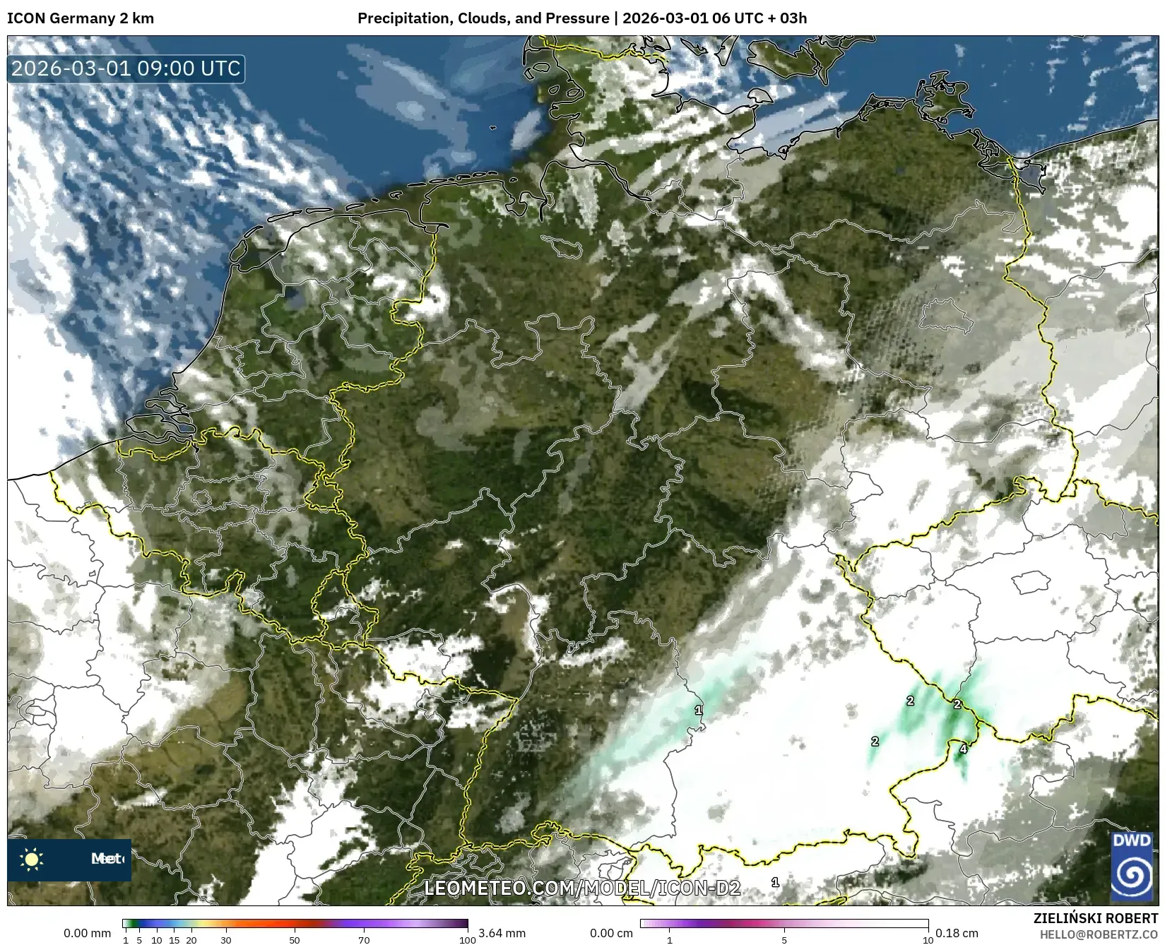 ICON Germany 2 km model - Germany, Precipitation, Clouds, and Pressure