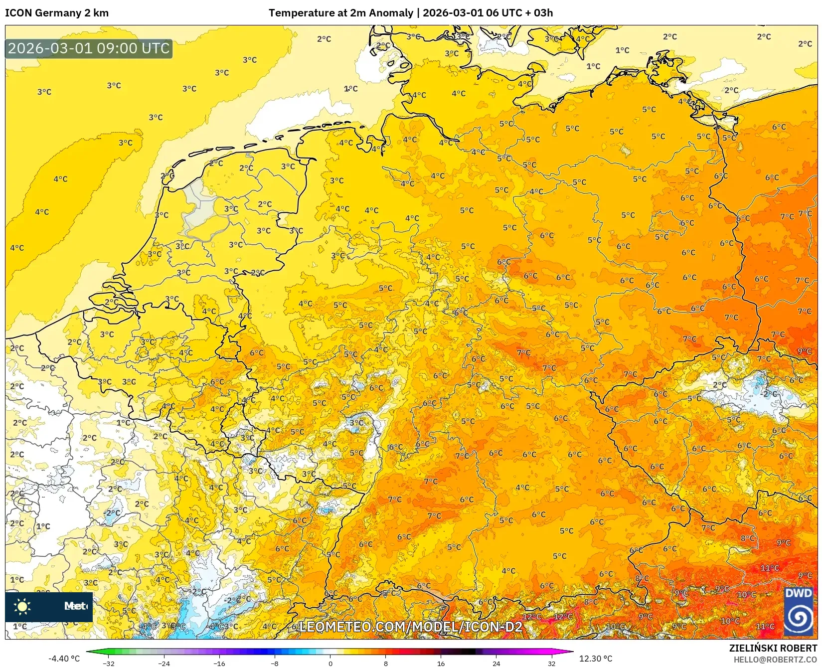 ICON Germany 2 km model - Germany, Temperature at 2m Anomaly