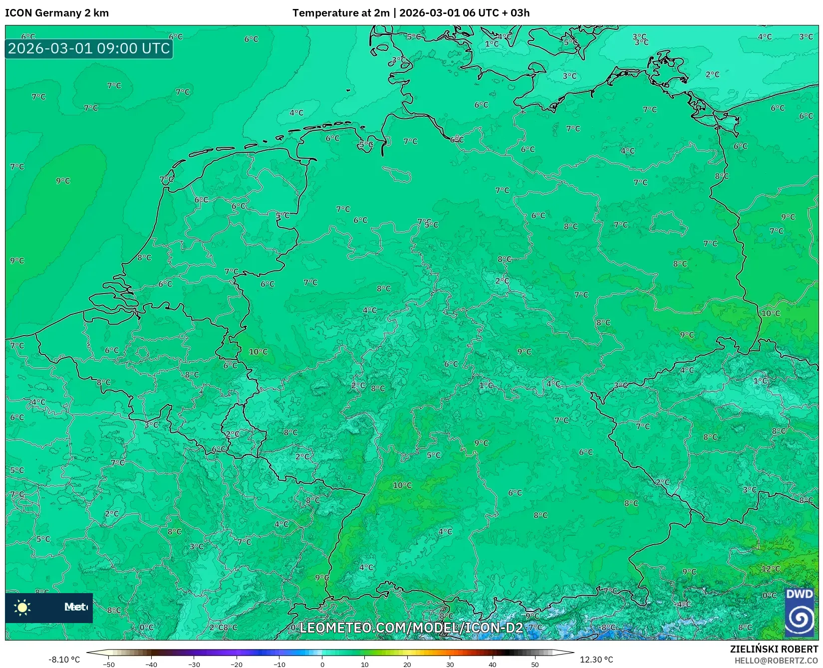 ICON Germany 2 km model - Germany, Temperature at 2m