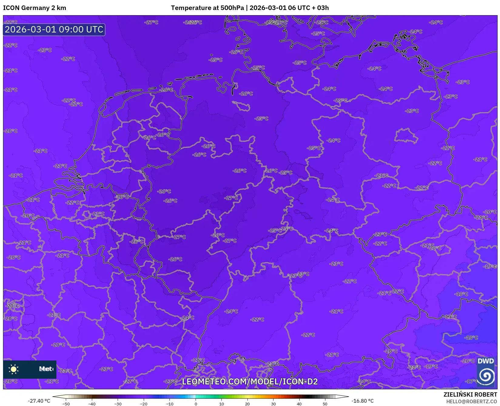 ICON Germany 2 km model - Germany, Temperature at 500hPa