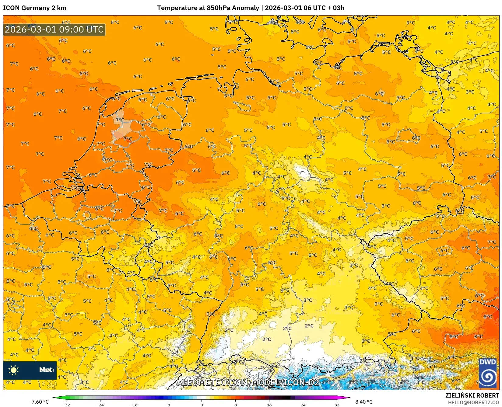 ICON Germany 2 km model - Germany, Temperature at 850hPa Anomaly
