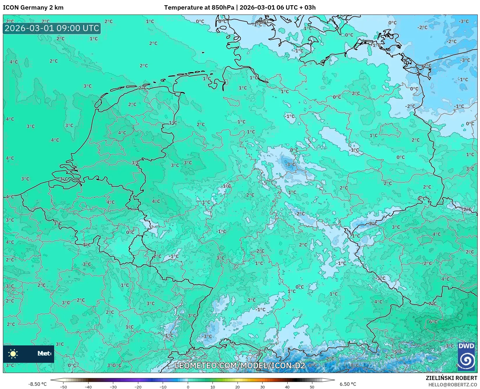 ICON Germany 2 km model - Germany, Temperature at 850hPa