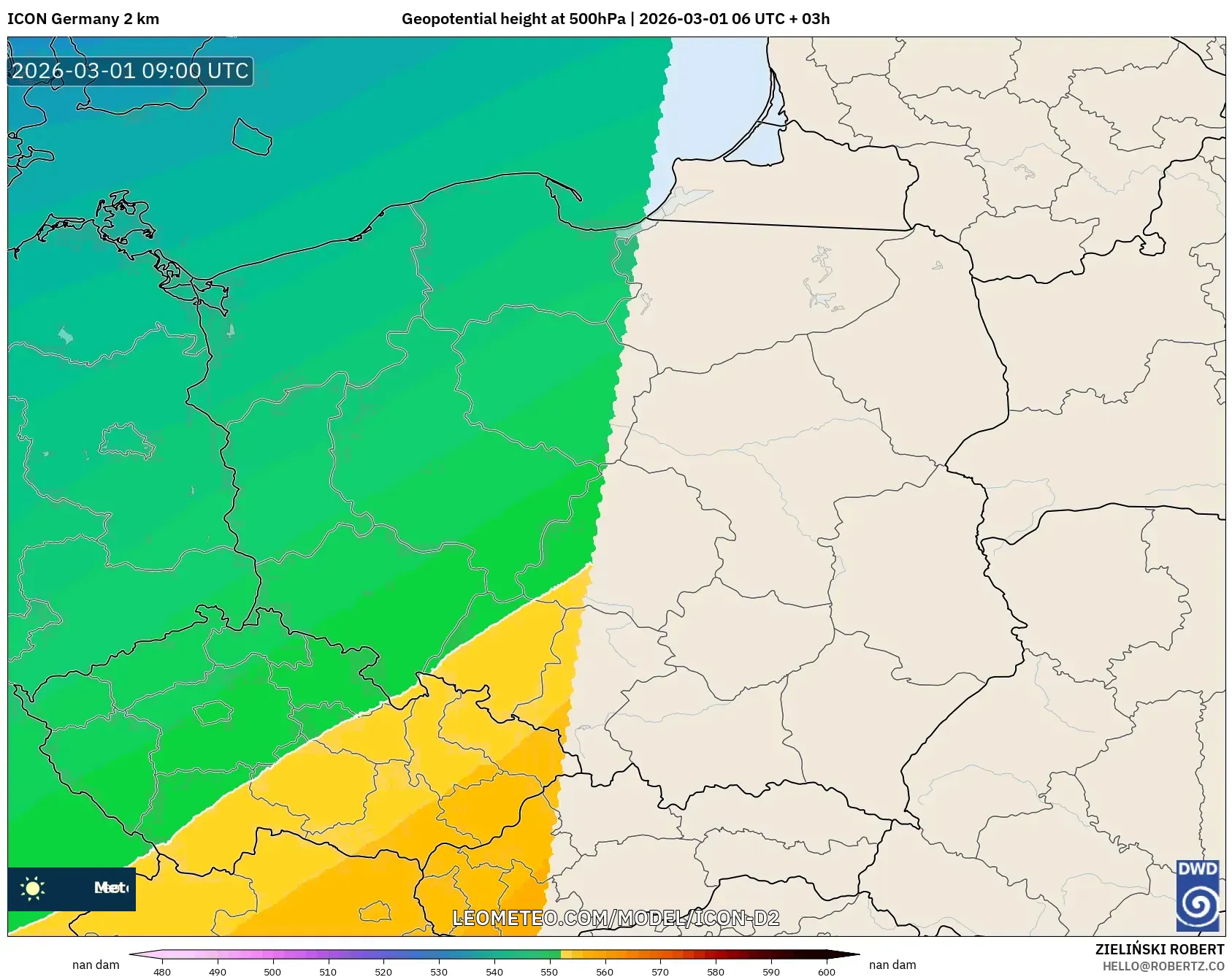 ICON Germany 2 km model - Poland, Geopotential height at 500hPa